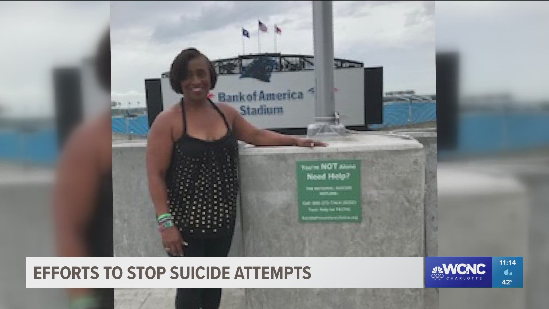 Fonda Bryant, a suicide survivor and mental health advocate, has been working to get parking decks to hang signs at the top with the suicide prevention hotline.