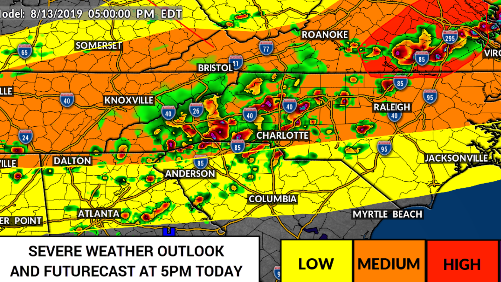 A line of strong to severe thunderstorms is expected to move through the Charlotte area Tuesday evening with the threat of damaging winds and heavy rain.