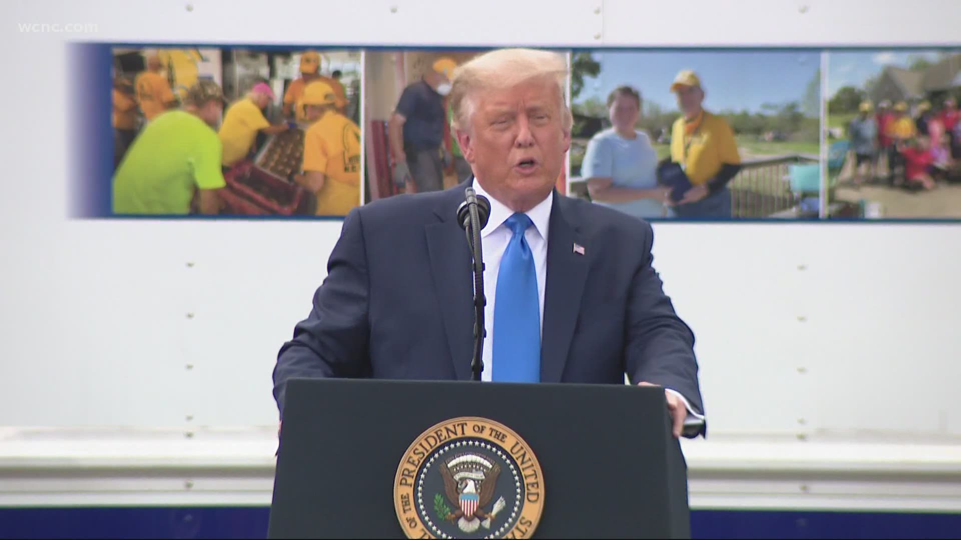 President Trump is speaking in Mills River, North Carolina at an event with the Farmers to Families Food Box program.