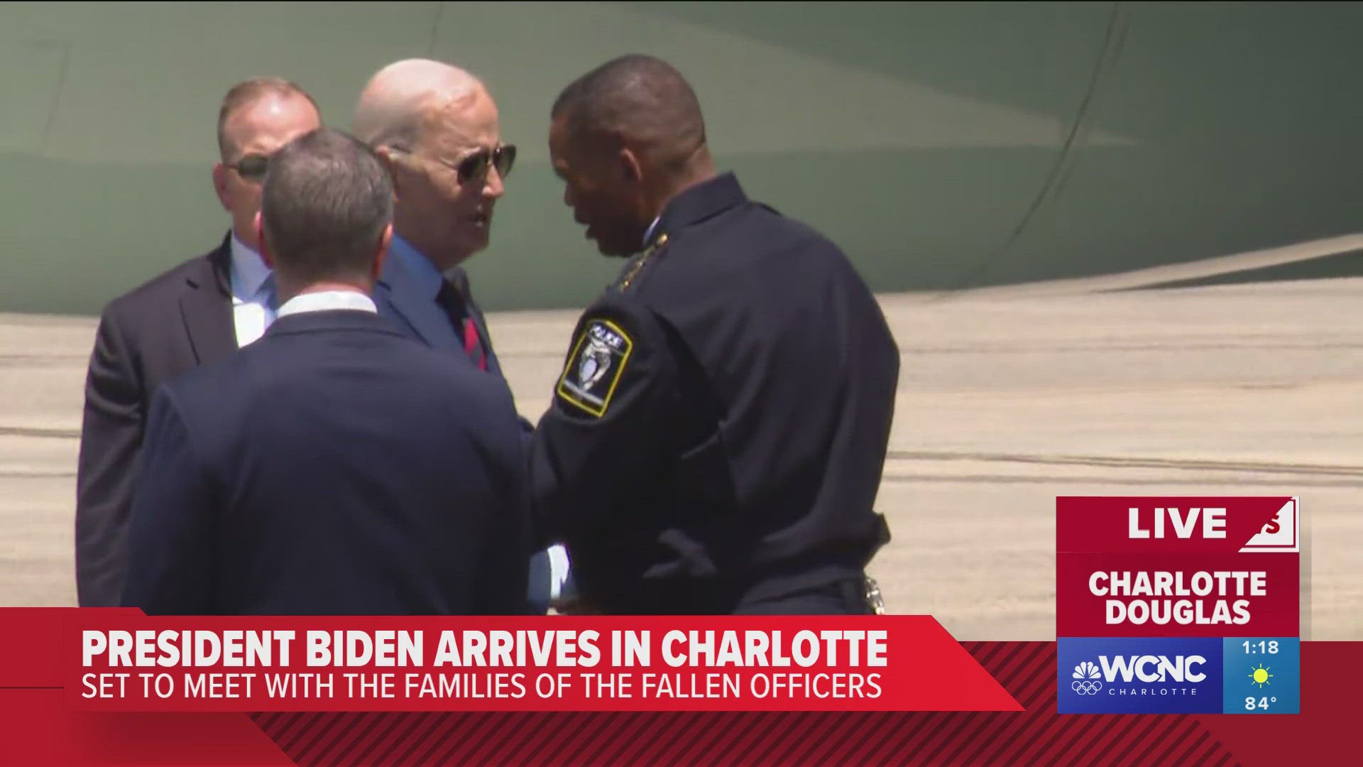 President Joe Biden is visiting Charlotte on Thursday to meet with the families of the officers killed during Monday's shooting.