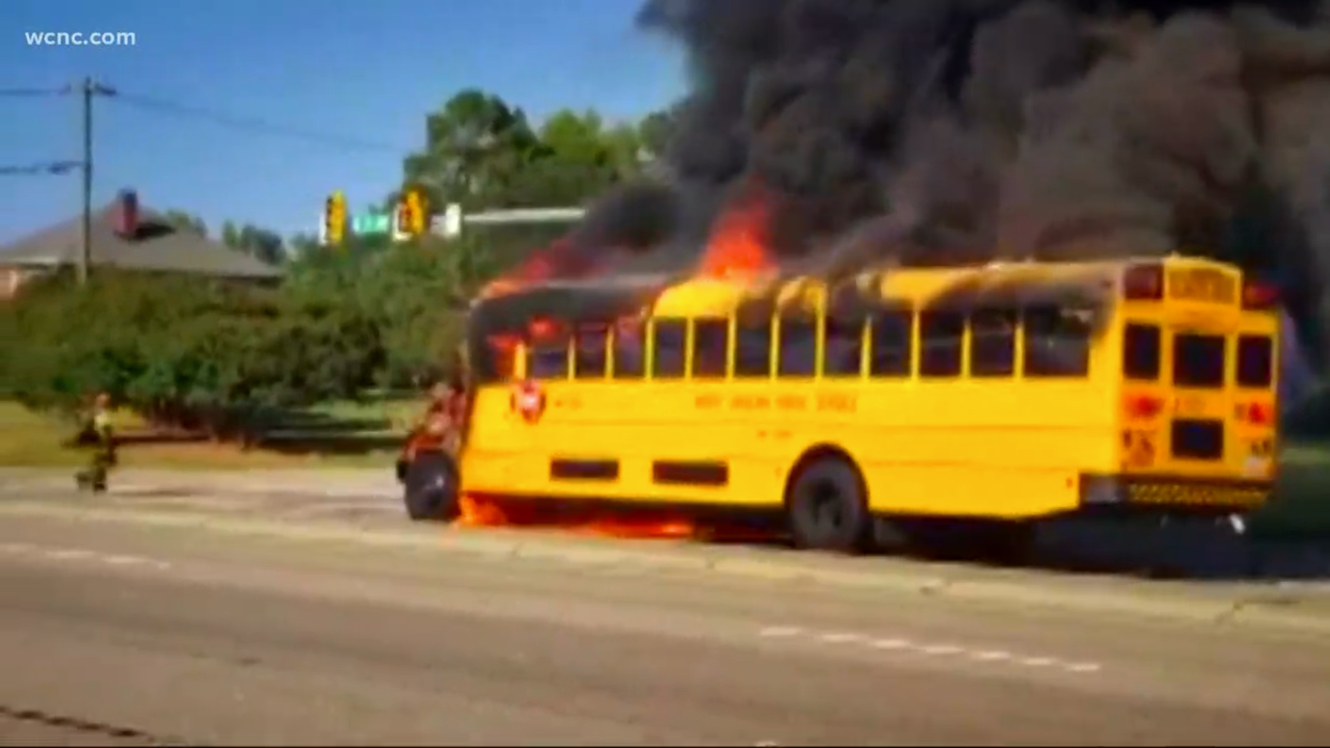 Video from Cary, North Carolina shows a school bus engulfed in flames. The fire broke out just one hour after that bus passed inspection.
