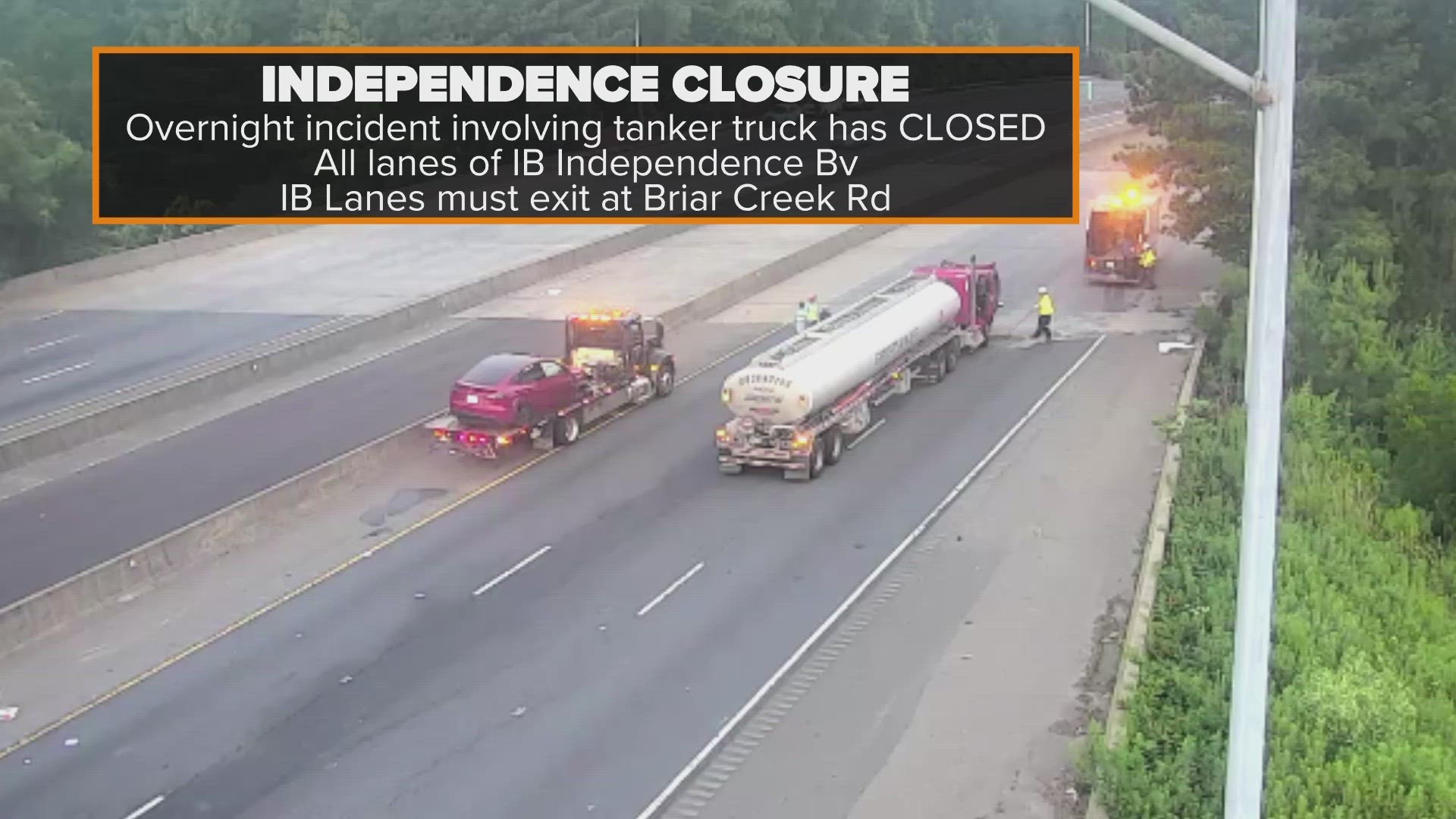 A crash involving a tanker truck shut down the inbound lanes of Independence Boulevard early Friday morning, causing major headaches for drivers.