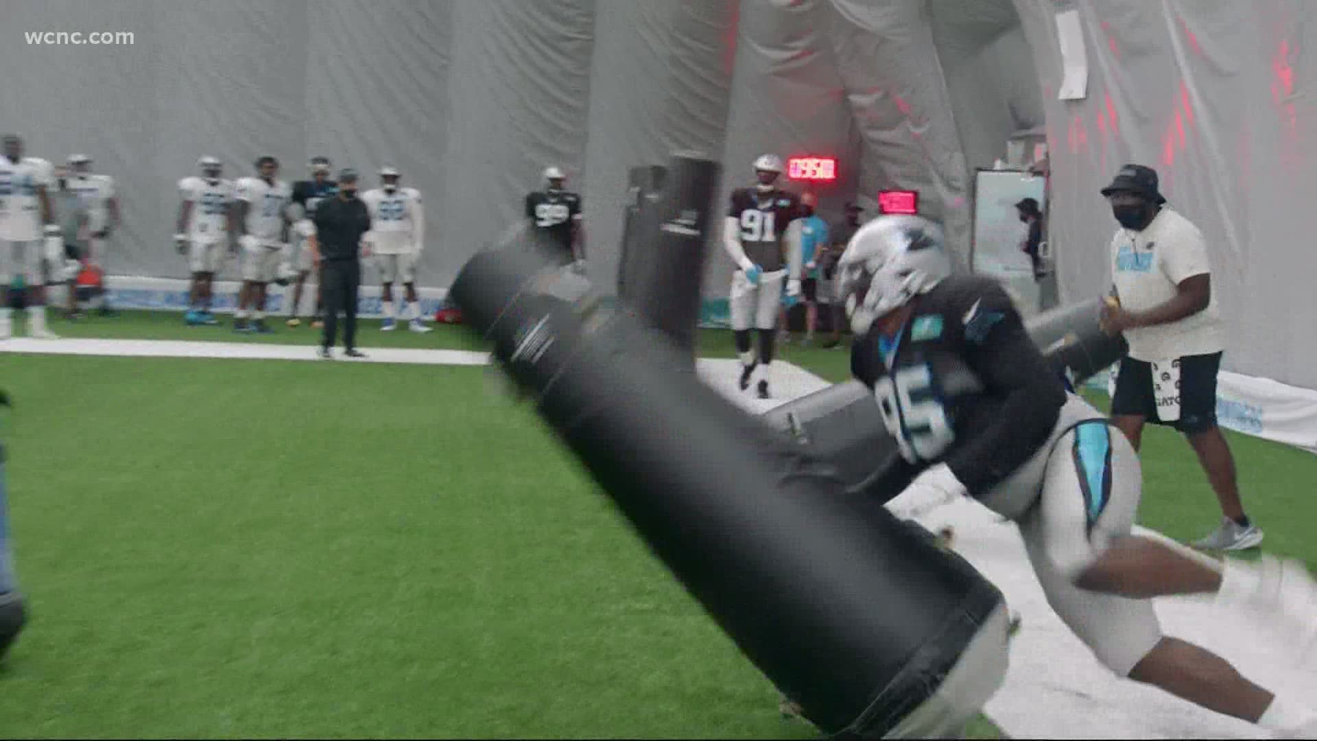 Monday marked the first padded practice of the pre-season for the Carolina Panthers and new QB Teddy Bridgewater.