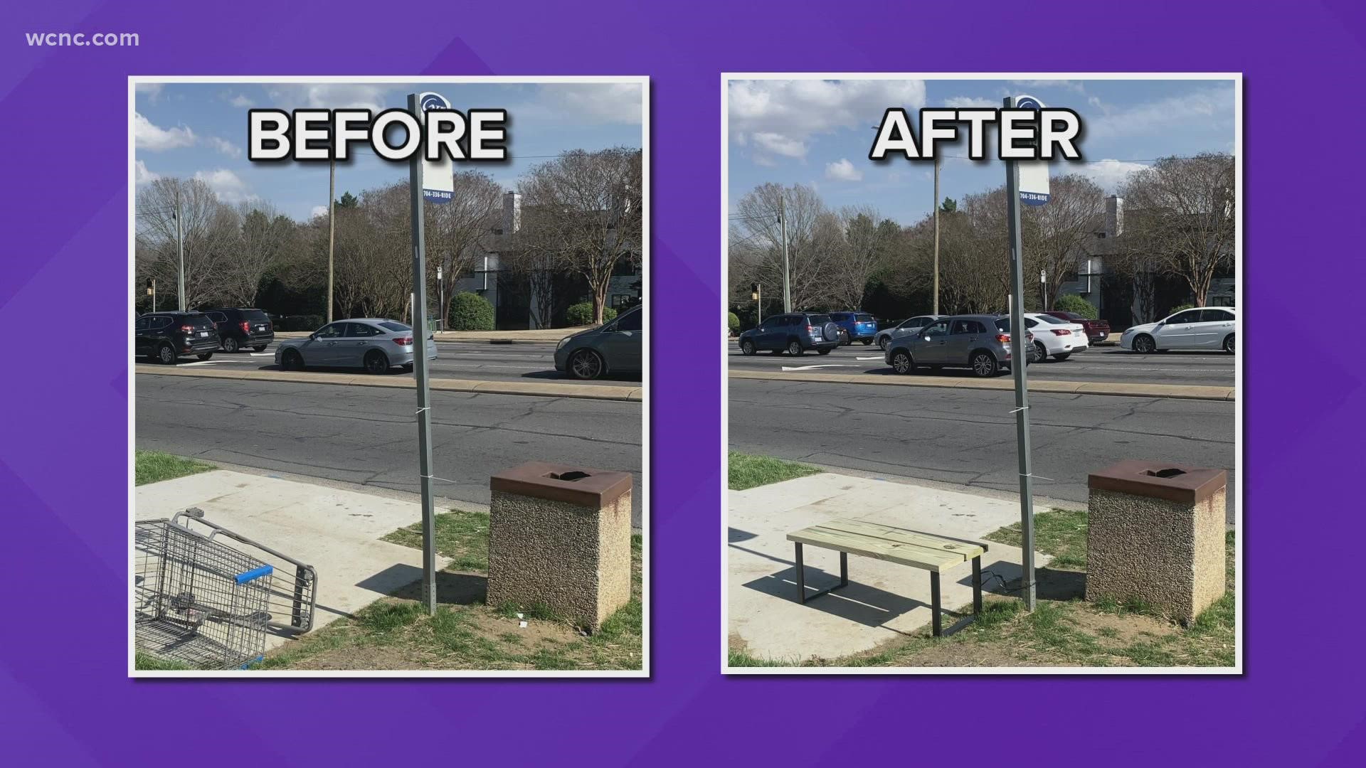 Charlotte Urbanists is adding benches at bus stops that don't currently have any seating.