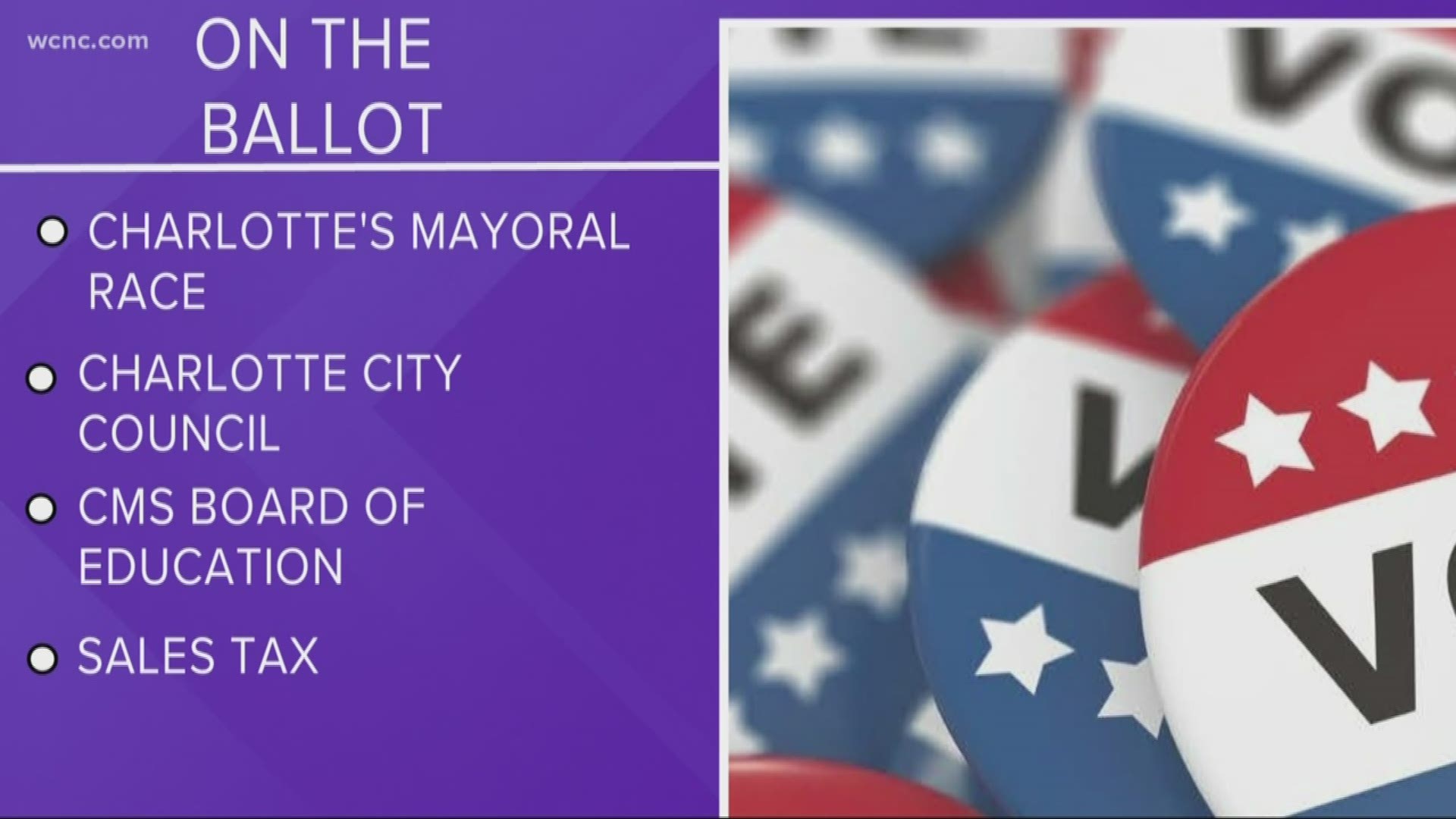 On the ballot in Charlotte: the mayor's race, open positions in Charlotte's City Council, the CMS Board of Education and the controversial sales tax increase.