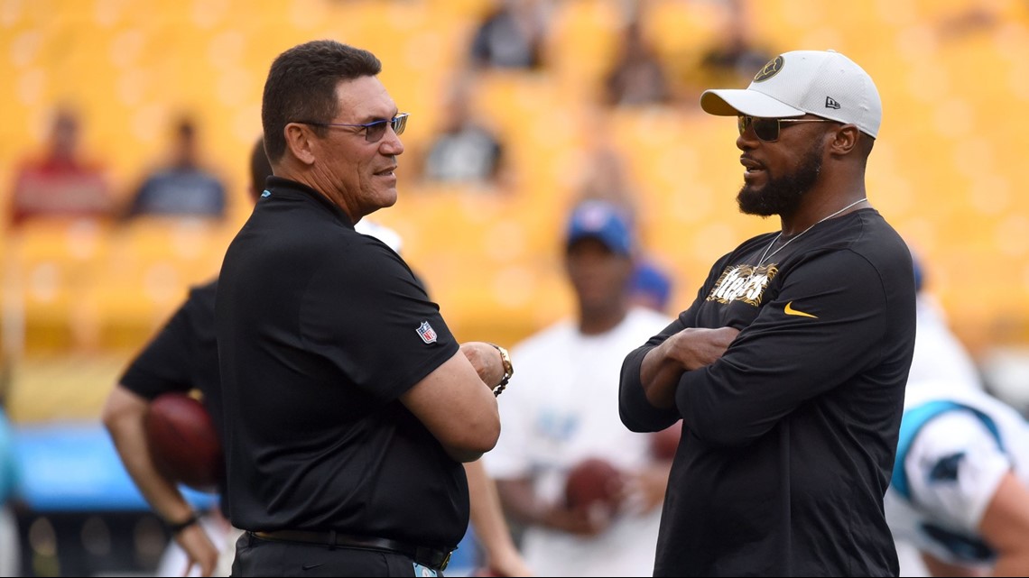 Pittsburgh, USA. 30th Aug 2018. August 30th, 2018: Panthers #1 Cam Newton,  and Steelers Head Coach Mike Tomlin during the Pittsburgh Steelers vs Carolina  Panthers game at Heinz Field in Pittsburgh, PA.