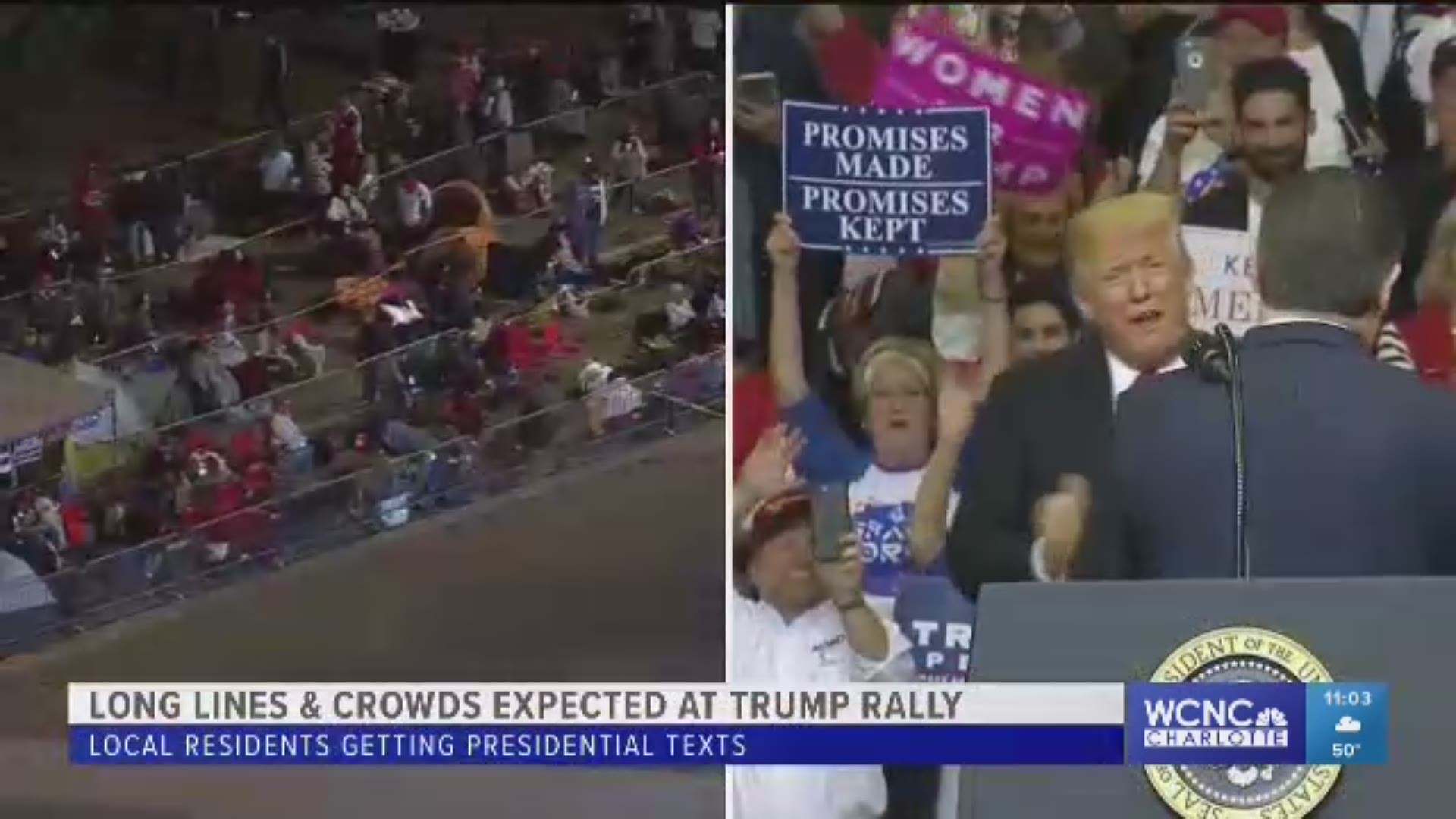 The president had his first rally stop in Houston on Monday night. Campaign managers said more than 100,000 people tried to attend.