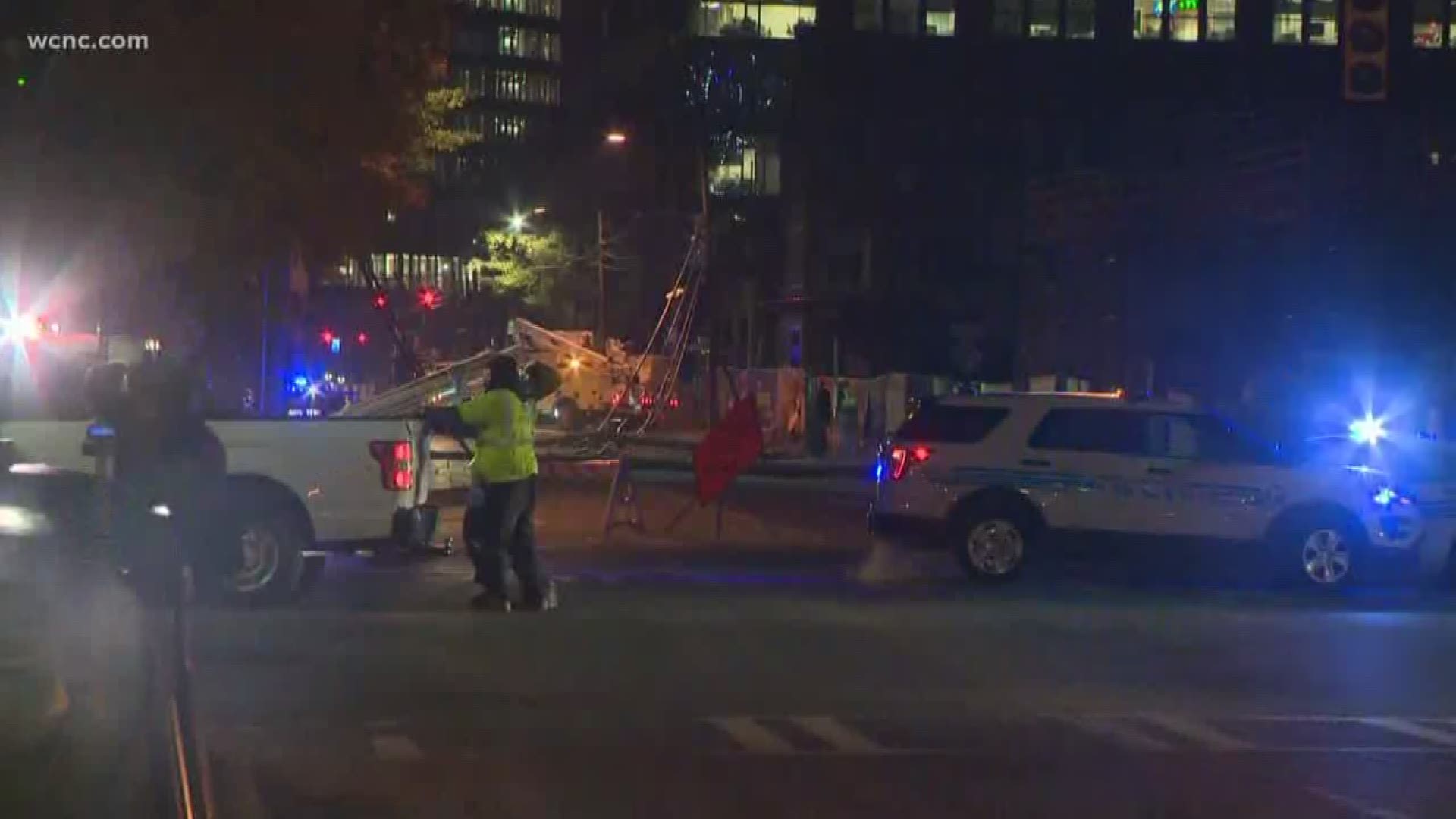 Downed power lines have shut down a section of South Tryon Street just outside uptown Tuesday morning.