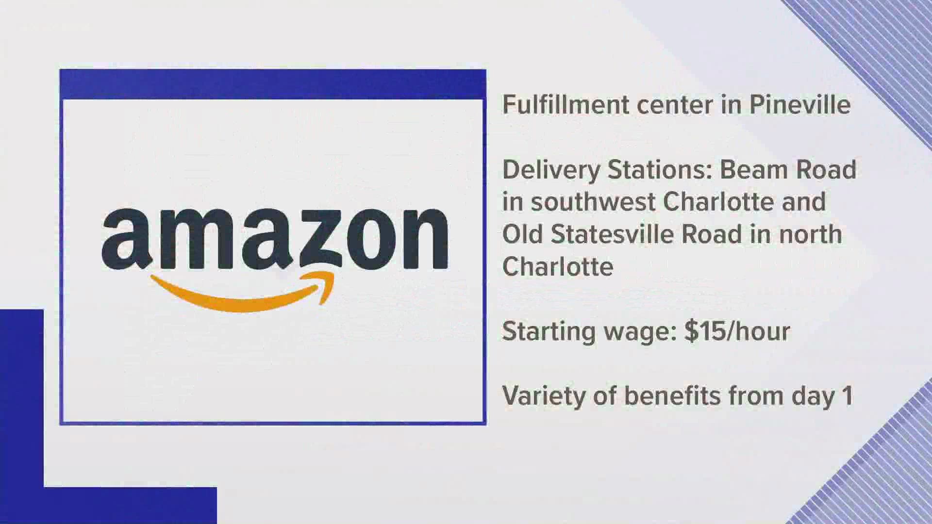 Amazon announced it will open a new fulfillment center and two new delivery stations in the Charlotte area -- creating hundreds of new full-time jobs.