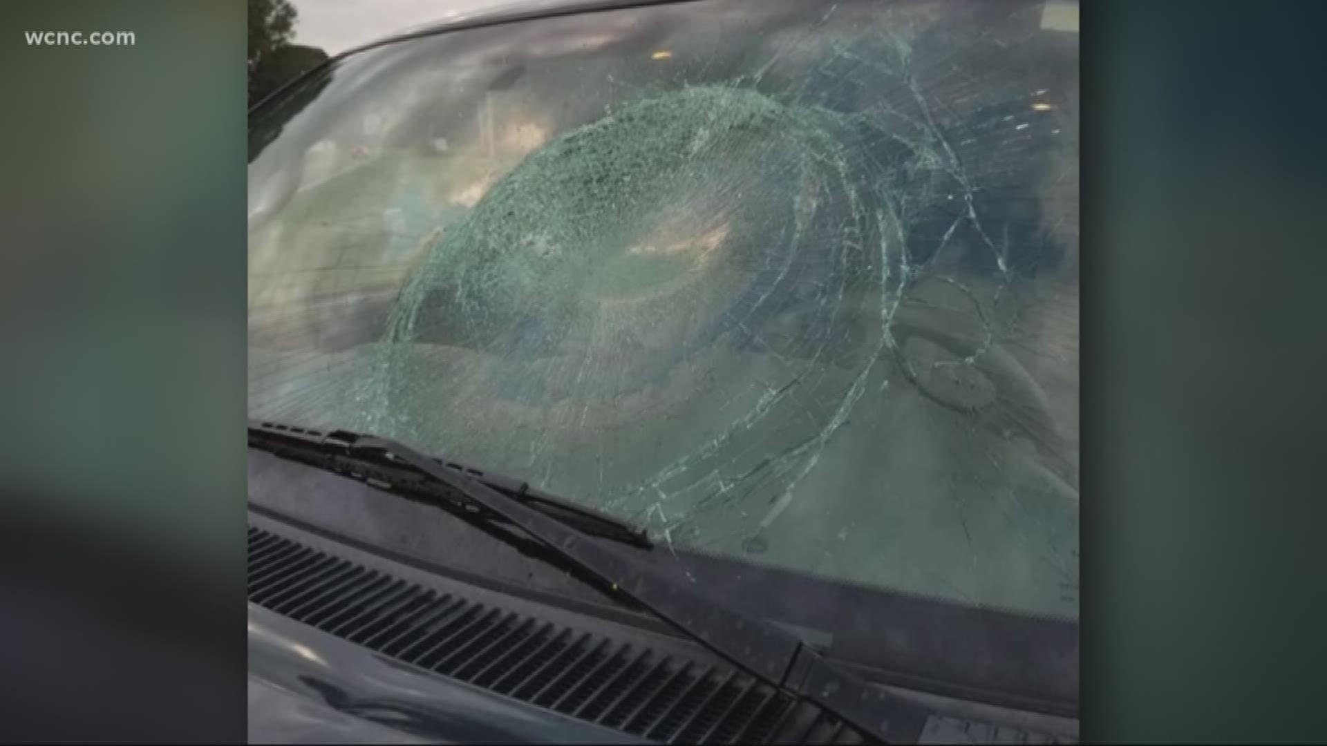 Police in Union County are looking for the suspect who threw a large object at a woman's windshield, breaking it and sending sharp glass flying everywhere.