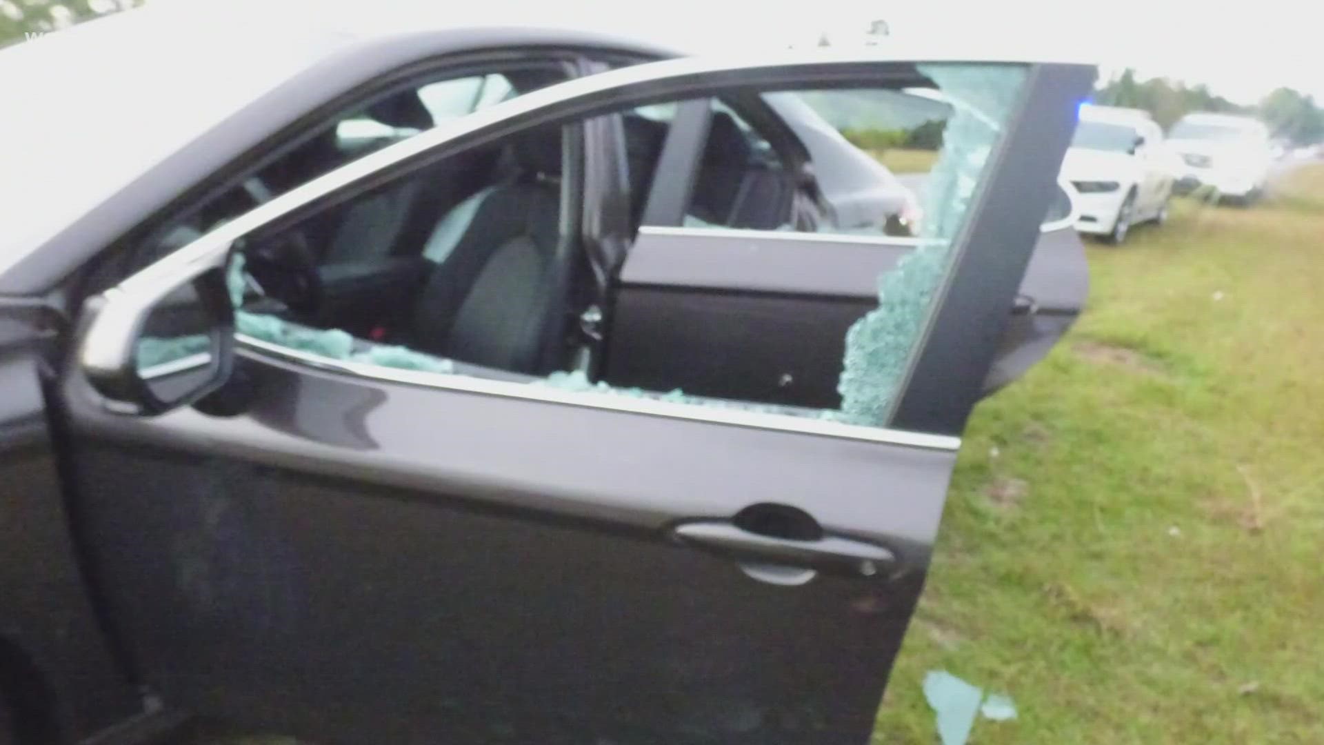 The Matthews Police Department shared photos of the victim's car, which was riddled with bullet holes.