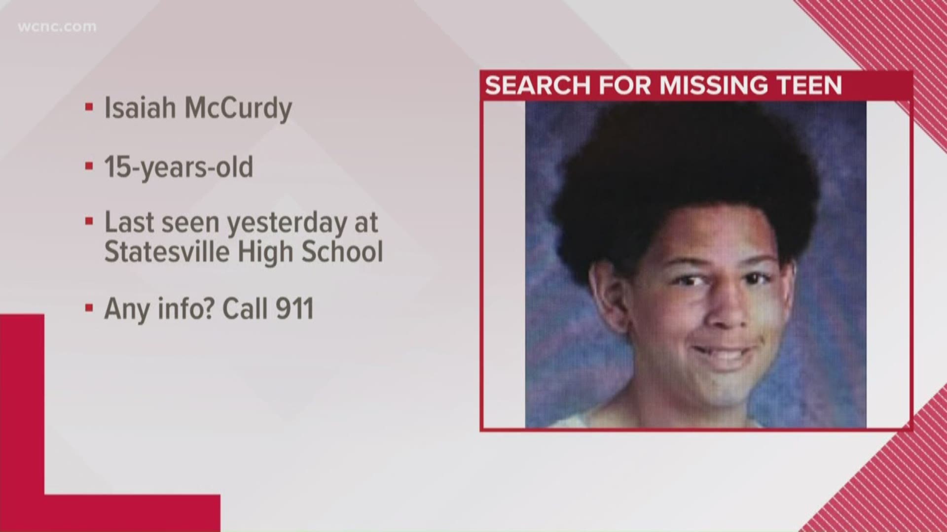 He was last seen Tuesday morning at Statesville High School wearing a blue jacket and red shoes.