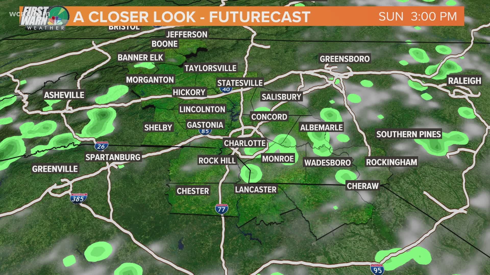 Rain showers isolated today but becoming more scattered tomorrow and Tuesday