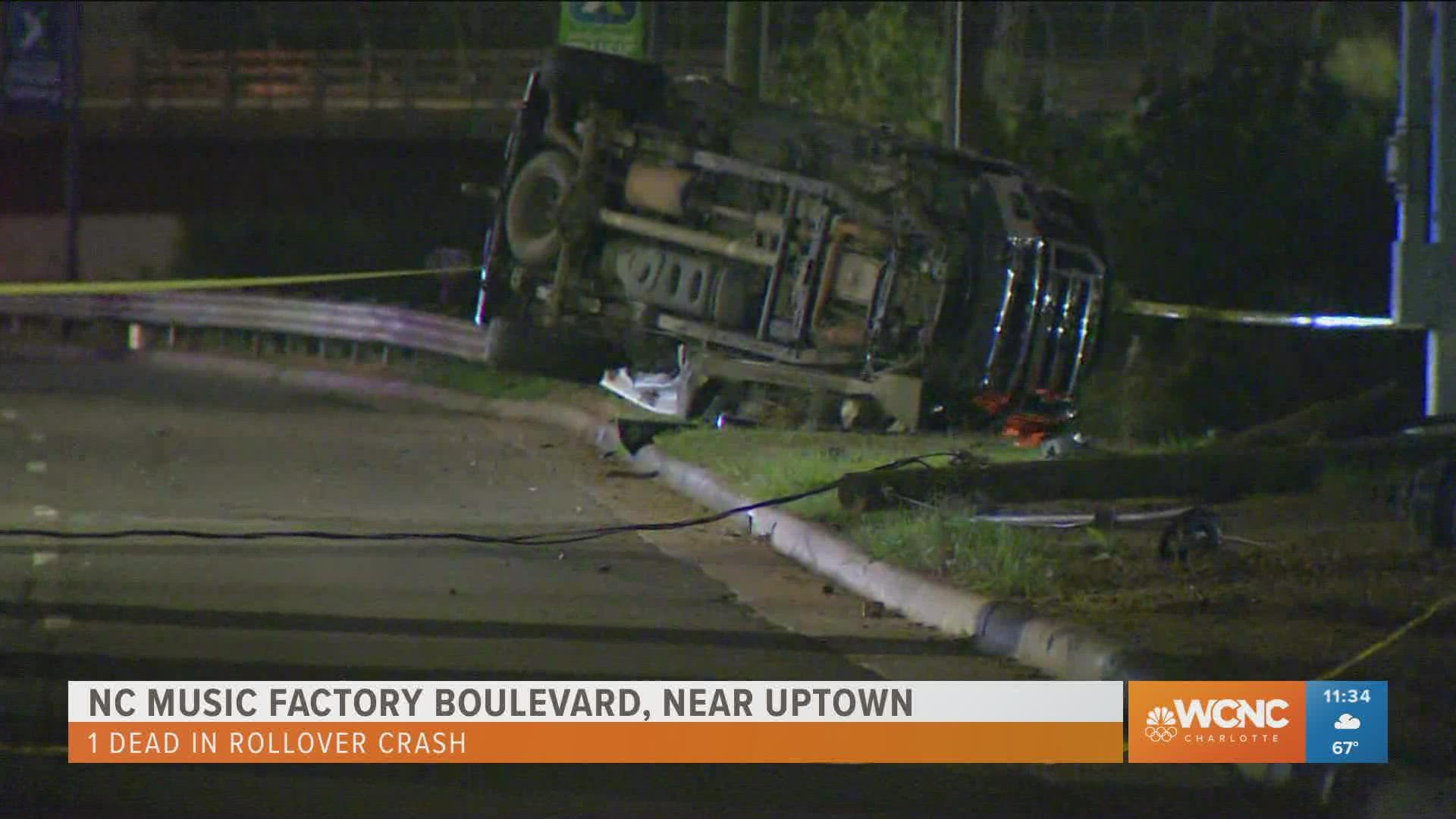 One person died after a pickup truck overturned on Music Factory Blvd., according to police.