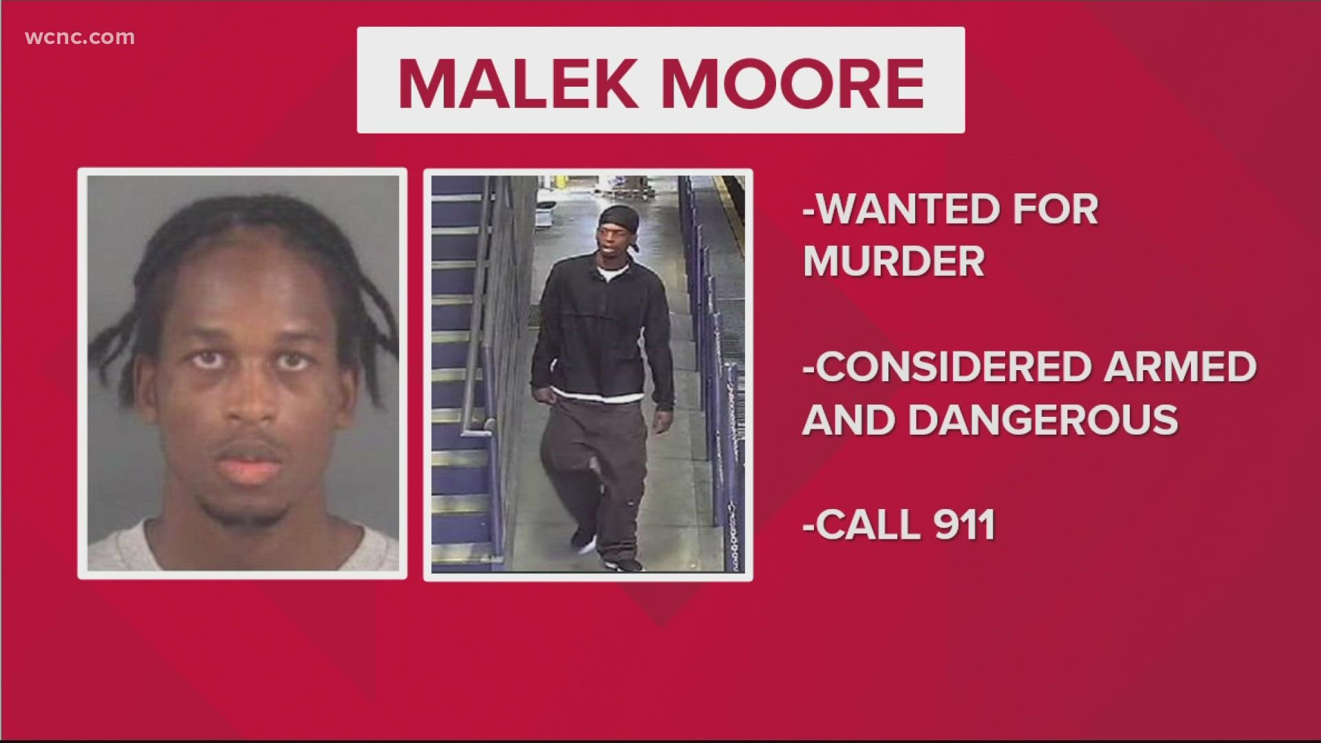 Malek Moore is wanted in Charlotte on charges including murder and kidnapping. for the Sunday killing of Gabryelle Allnütt.