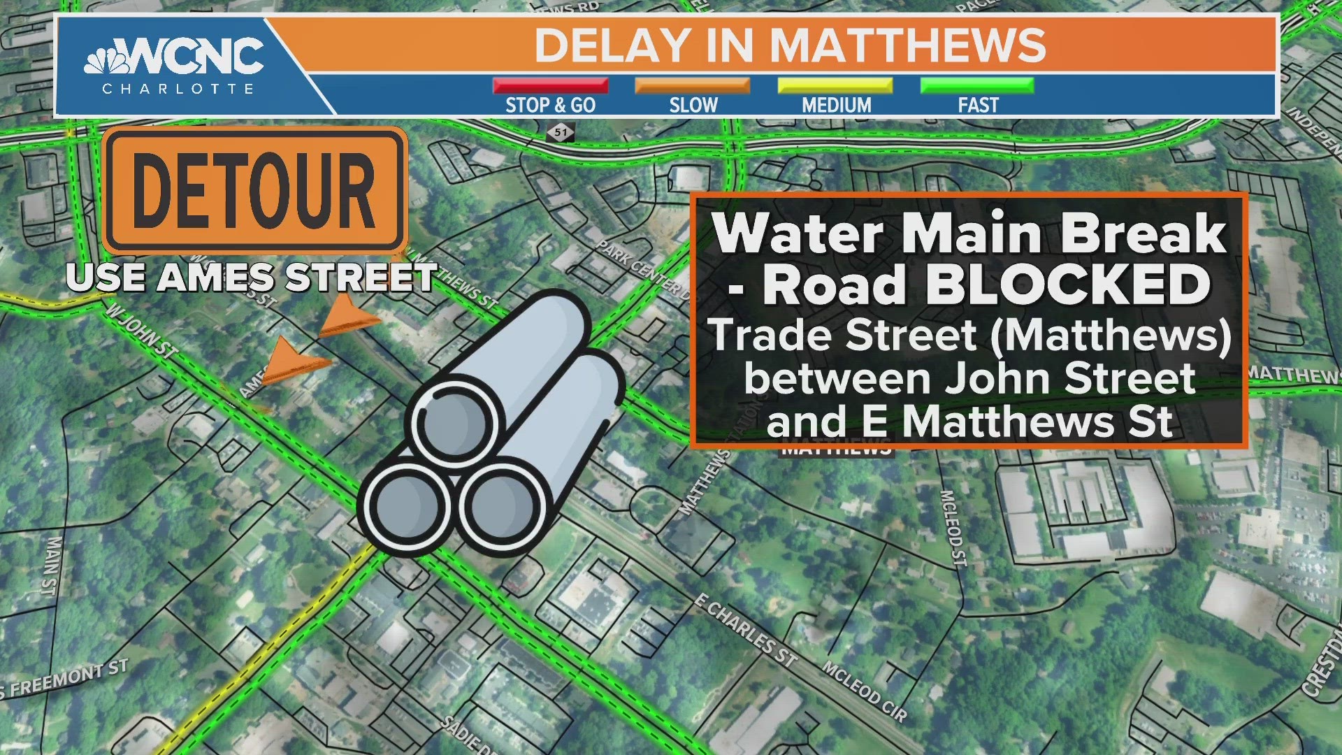 A broken water main closed one of the main roads in downtown Matthews Wednesday.
