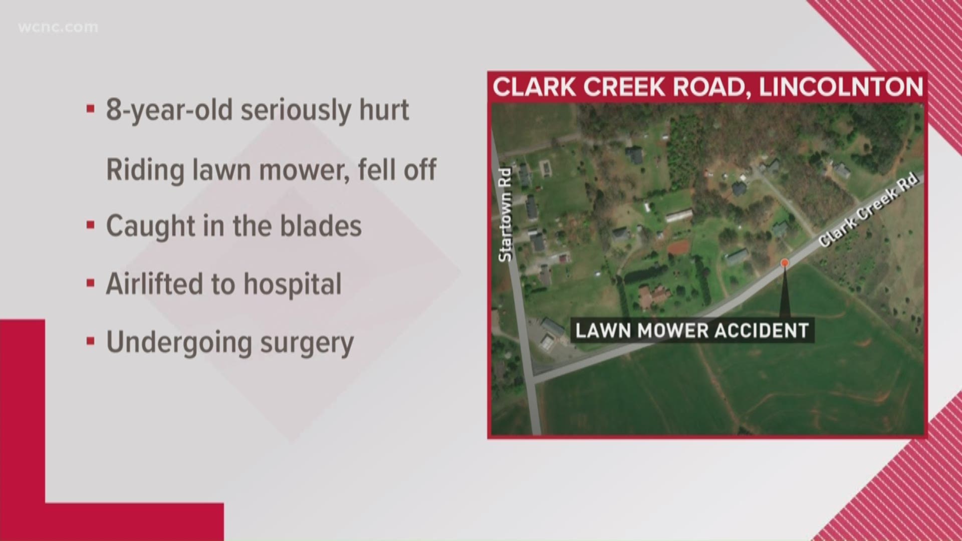 An 8-year-old boy has serious injuries after falling from a lawn mower, Lincoln County officials confirm. He was struck by the blades, which hit his left leg and both his arms.