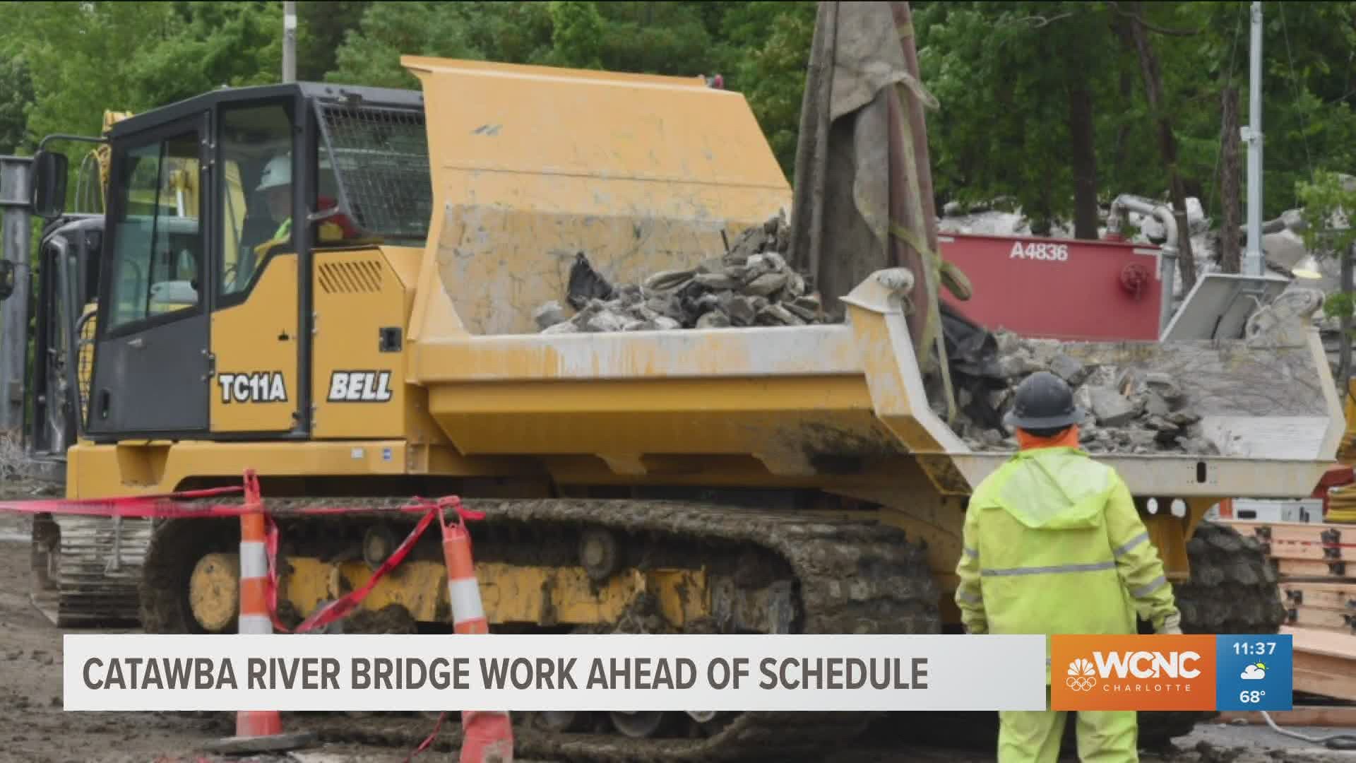 The Catawba River Bridge construction along I-77 in York County, South Carolina, is ahead of schedule to be finished before Memorial Day weekend.