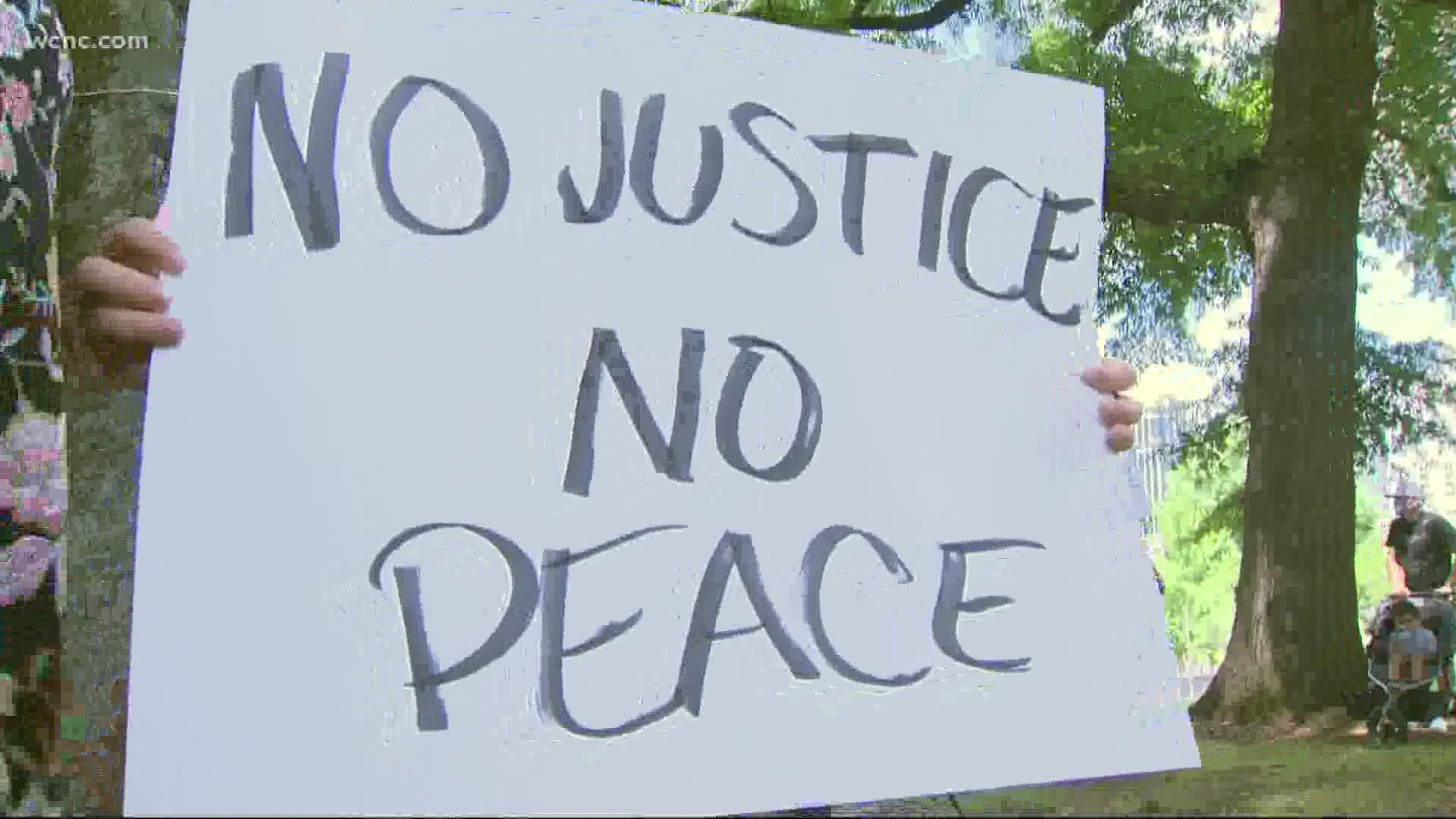 A peaceful protest was held in Marshall Park in Charlotte on Saturday. The crowds later marched to CMPD headquarters to be heard, and to listen to officers.