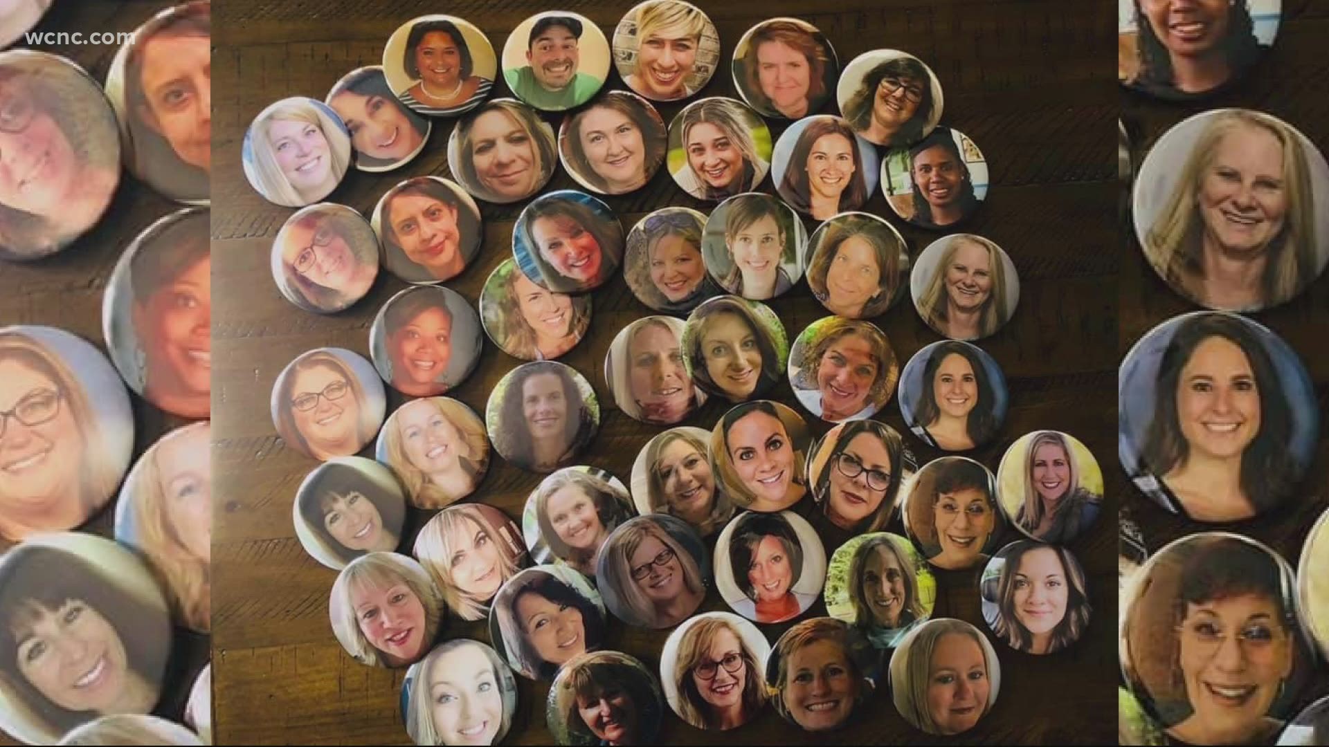 A Waxhaw teacher created buttons for every teacher so students can see what their teachers look like behind face masks.