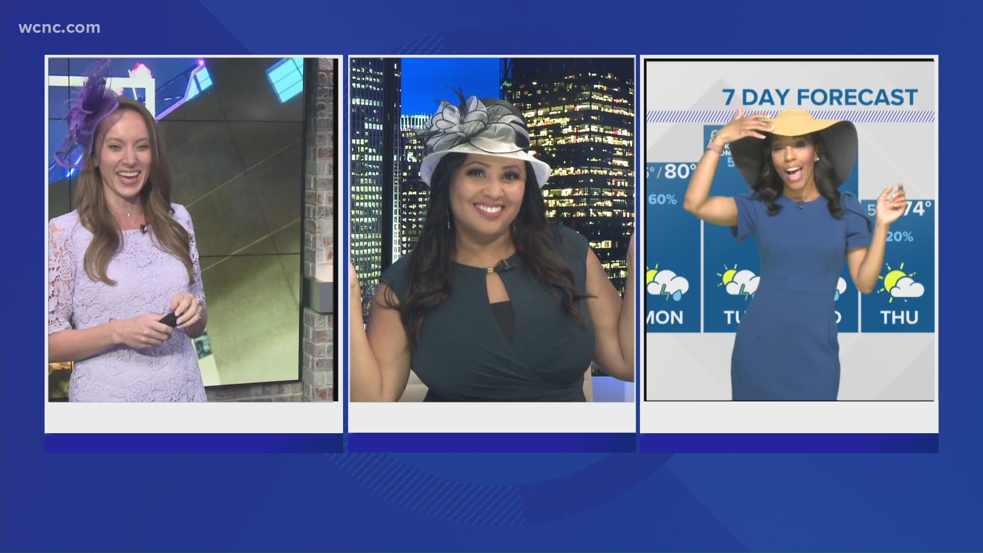 Ashley Stroehlein, Tanya Mendis and Iisha Scott show off their hats after the 2021 Kentucky Derby.