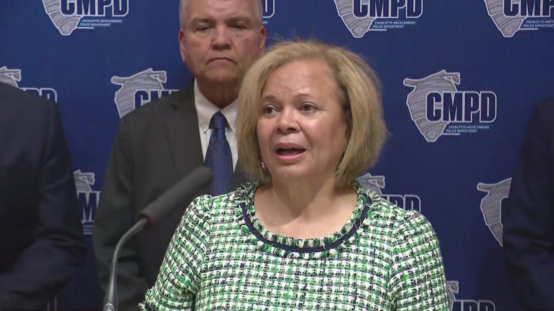 Charlotte Mayor Vi Lyles speeches about a deadly shooting that killed four law enforcement officers and injured four other officers on Monday.