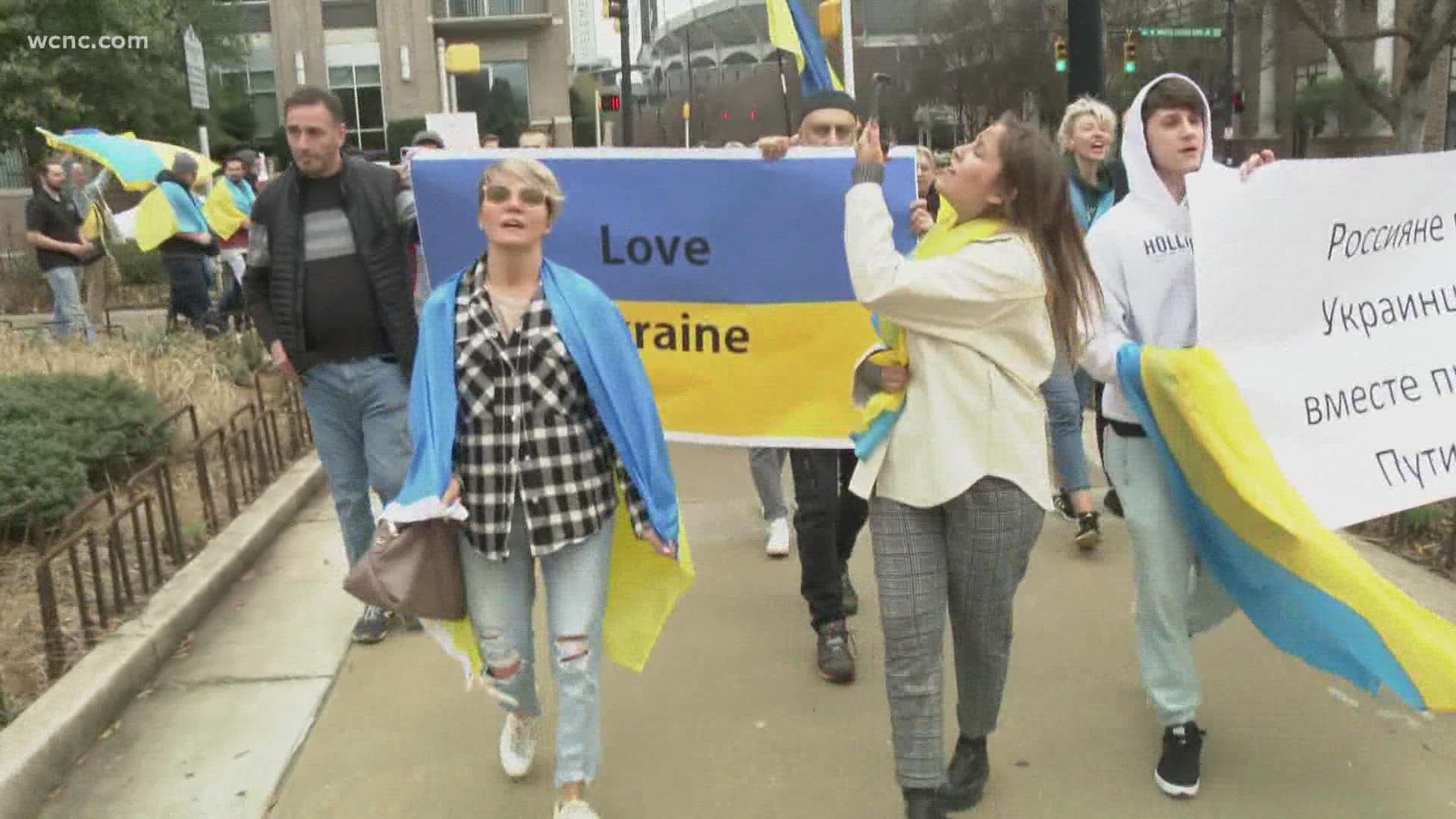 About 150 people were calling for tougher sanctions against Russia in Charlotte this week.