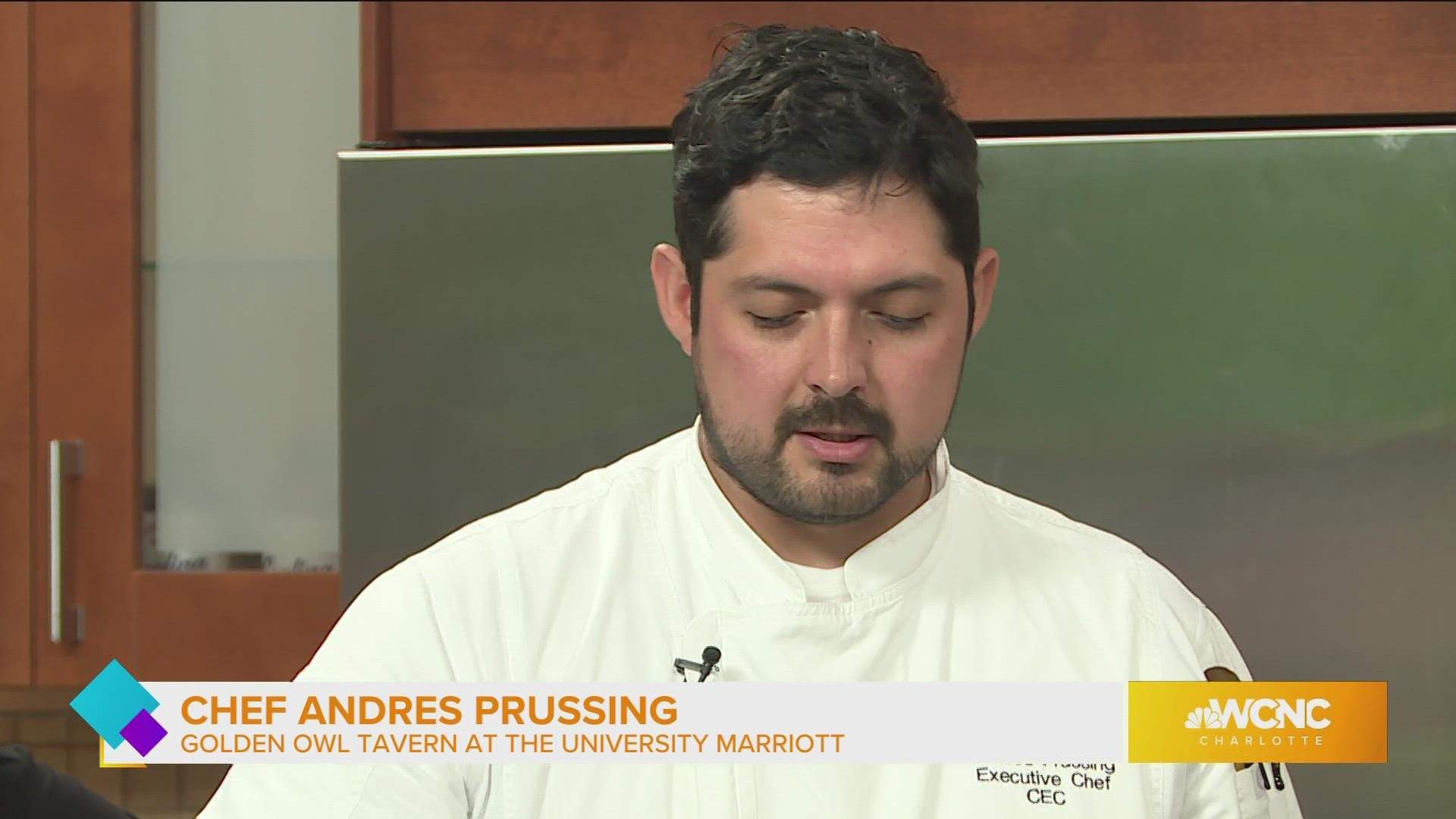 Chef Andres Prussing, from the Golden Owl Tavern at the University Marriott in Charlotte gave a sneak peak at his culinary creation