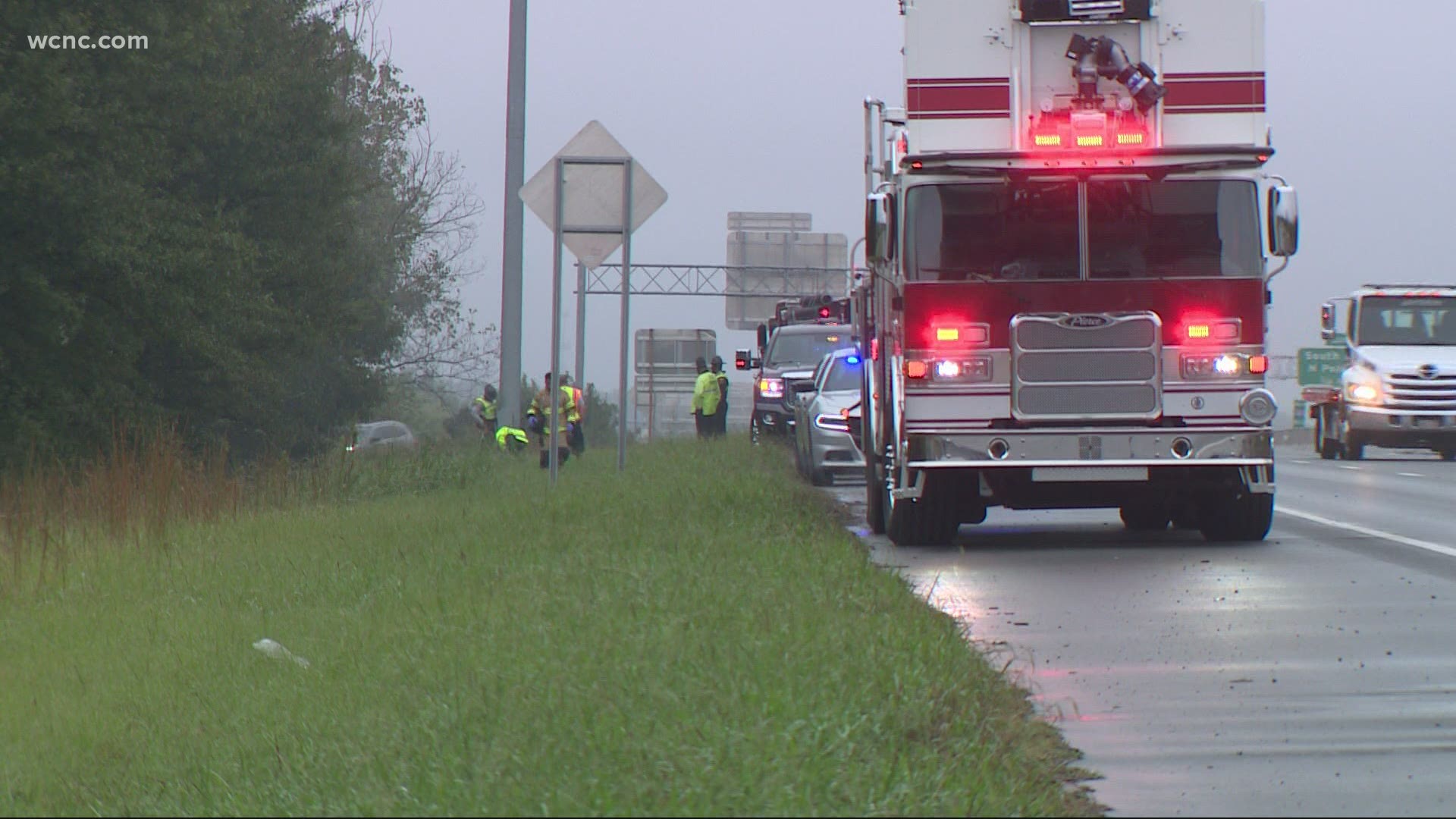Officials said the car overturned down an embankment. No word yet on if the weather played a role in the crash.