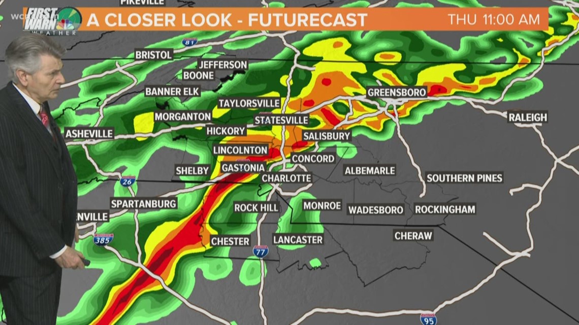 A line of strong thunderstorms will bring heavy rain and the threat of gusty winds to the Charlotte area Thursday. There's also a chance for severe weather.