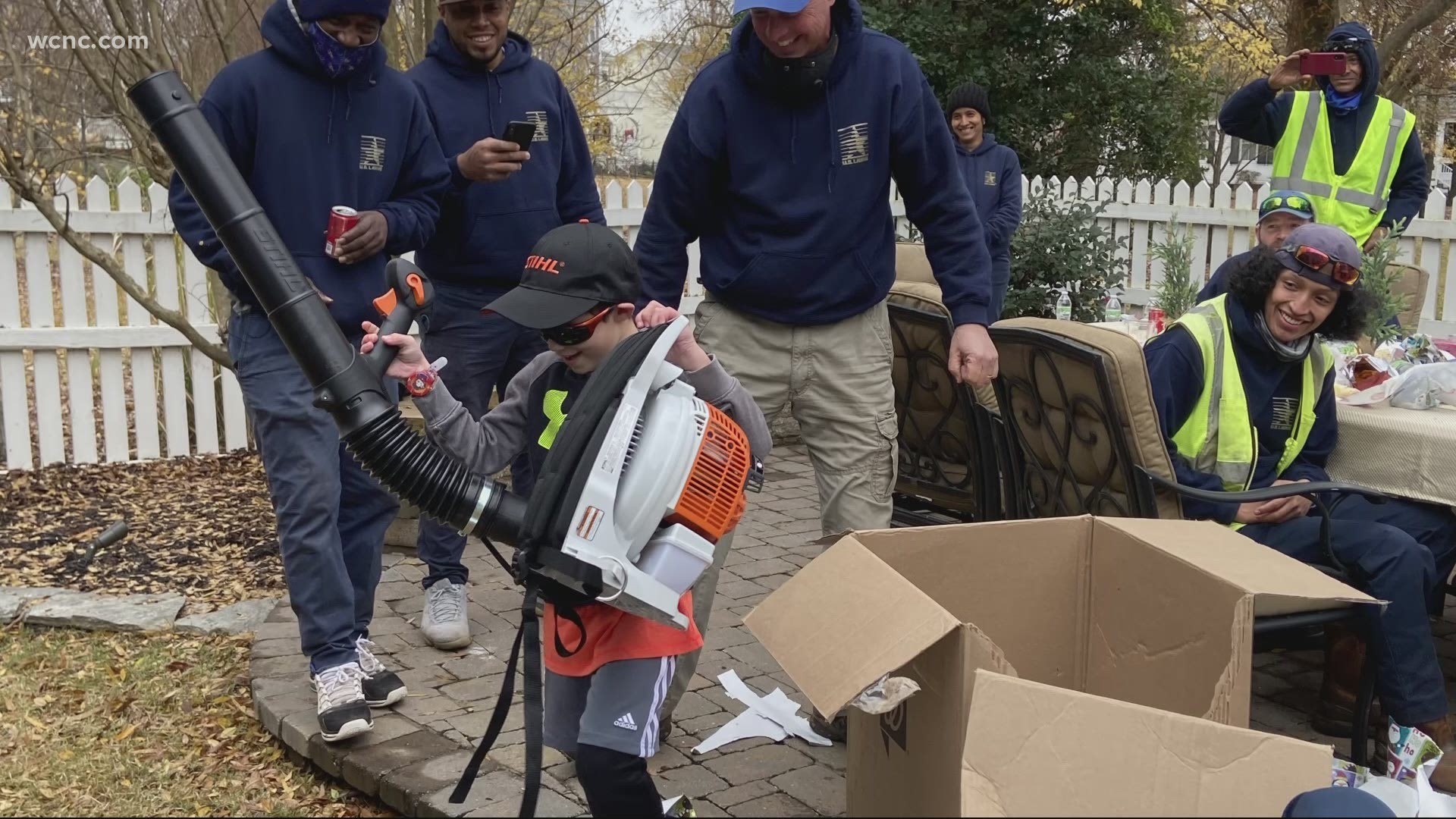 U.S. Lawns Charlotte gave James Schrafft a leaf blower of his own after helping the crew with several jobs in his neighborhood this past fall.