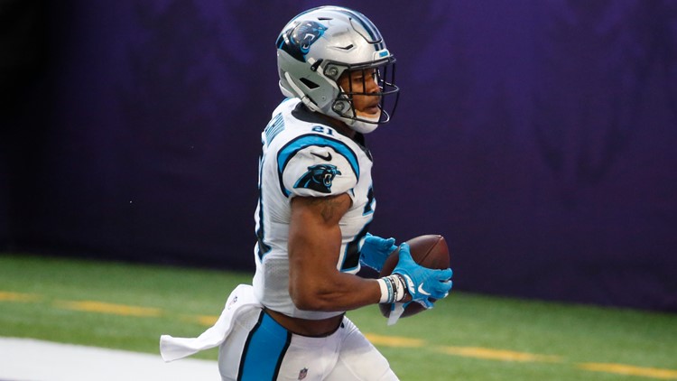 Carolina Panthers safety Jeremy Chinn plays against the New England Patriots  during the second half of an NFL football game Sunday, Nov. 7, 2021, in  Charlotte, N.C. (AP Photo/Jacob Kupferman Stock Photo 