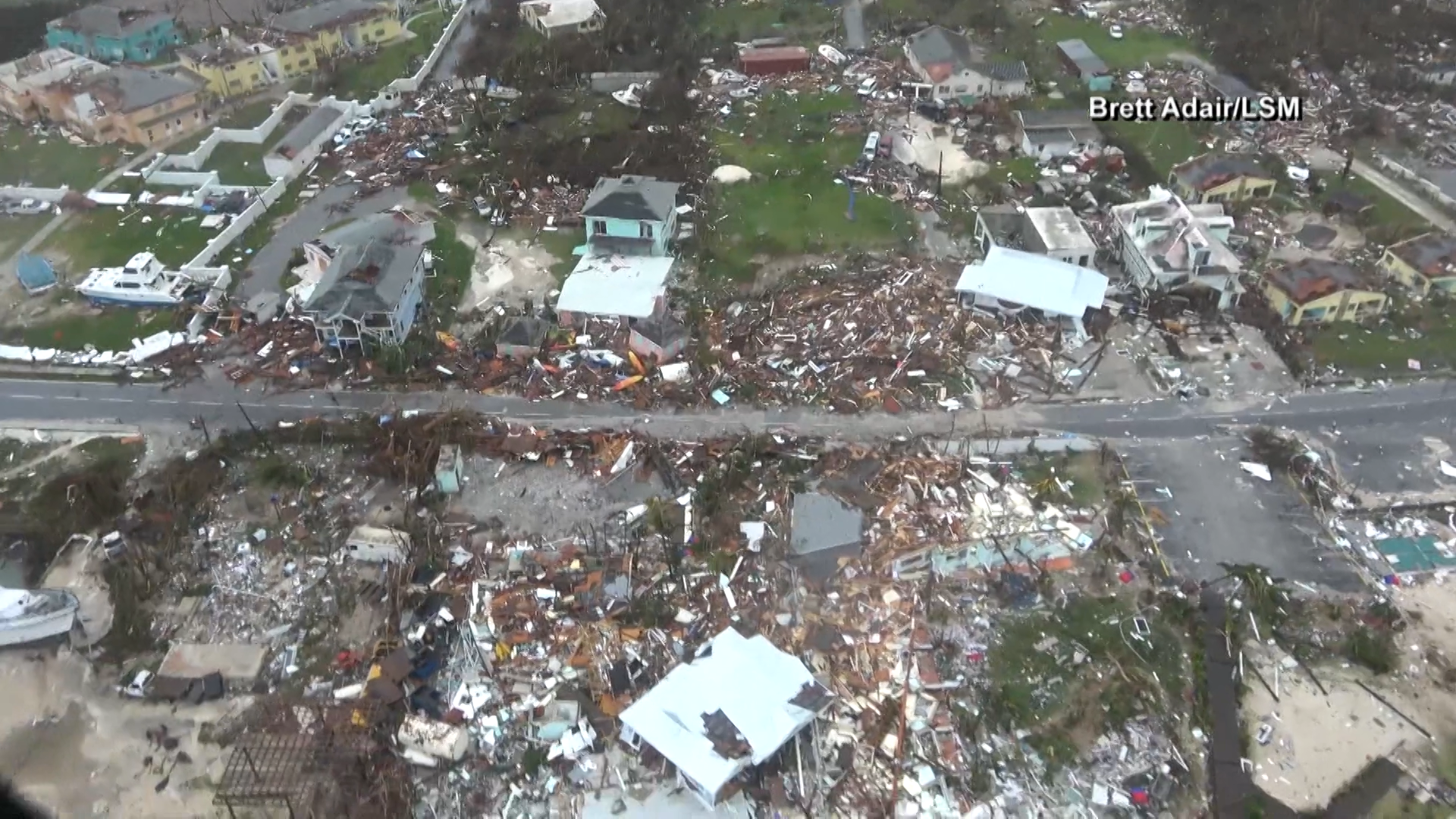 Aerial video recorded over the northern Bahamas shows the destruction left behind by then-category 5 storm Hurricane Dorian.