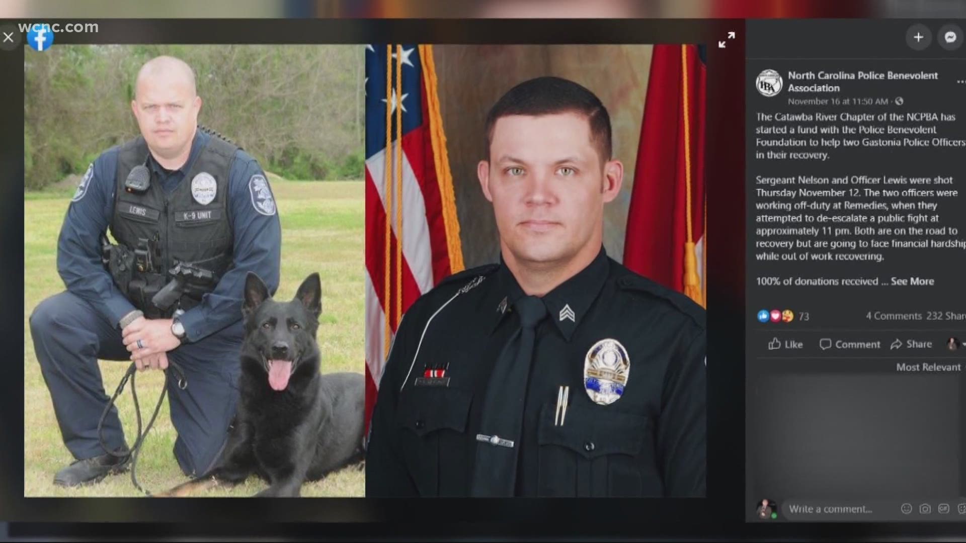 Sergeant Eric Nelson, K-9 Officer Michael Lewis and four customers were shot after a fight in the parking lot of Remedies nightclub in Gastonia.