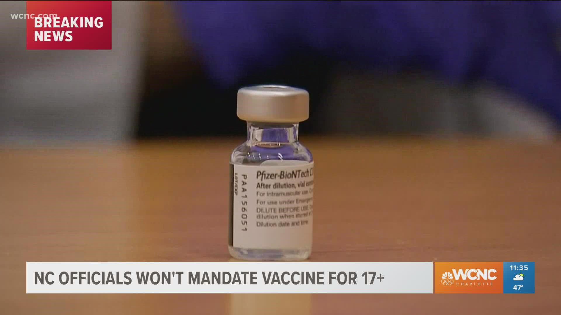 The North Carolina Commission on Public Health voted unanimously to not require the COVID-19 vaccine for all 17-year-old students.