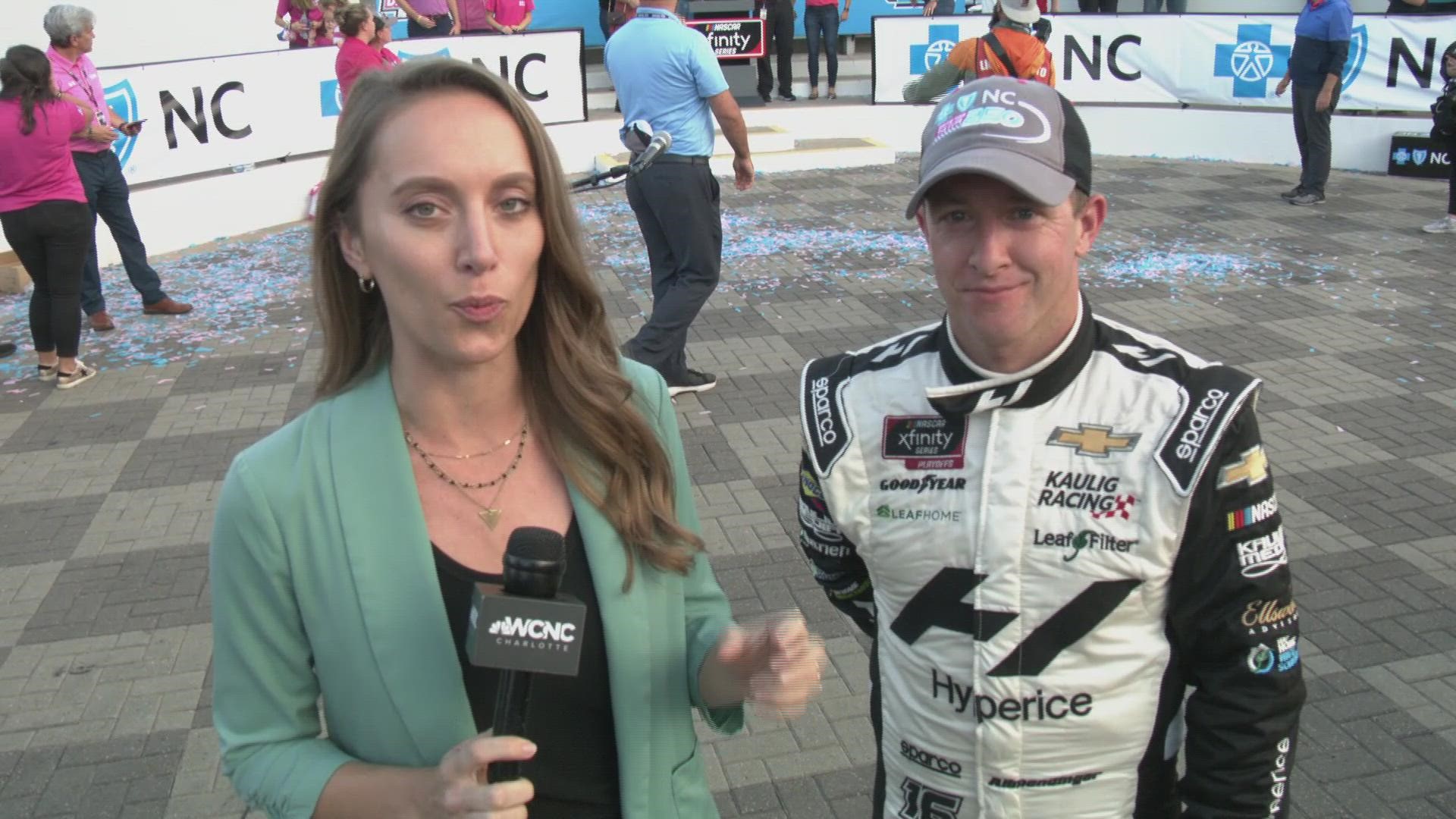 Ashley Stroehlein talks with AJ after his third win at the ROVAL 400.