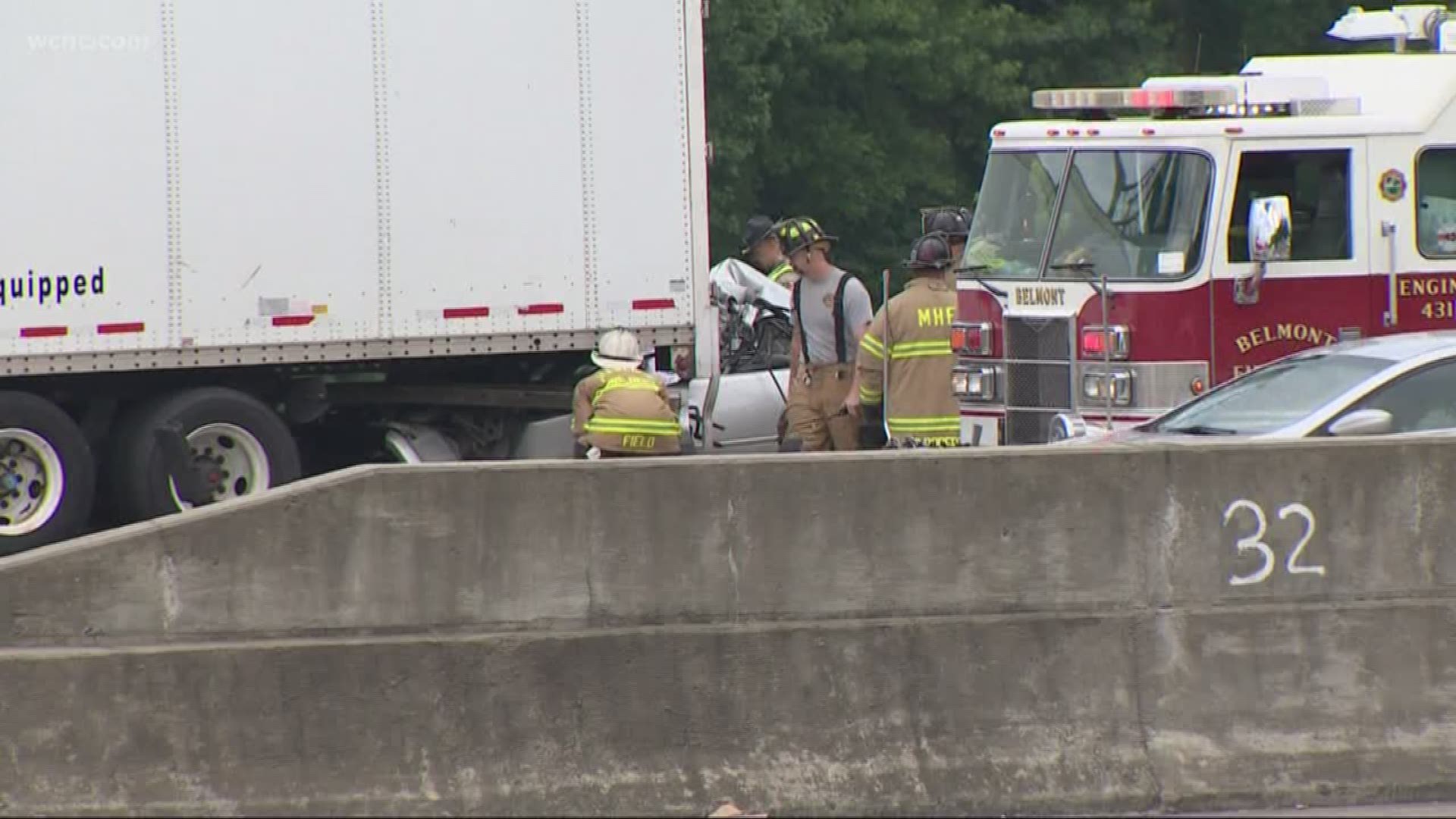 Police said one person was killed after a car ran under the back of a tractor-trailer on I-85 near Sam Wilson Road in west Charlotte Thursday morning.