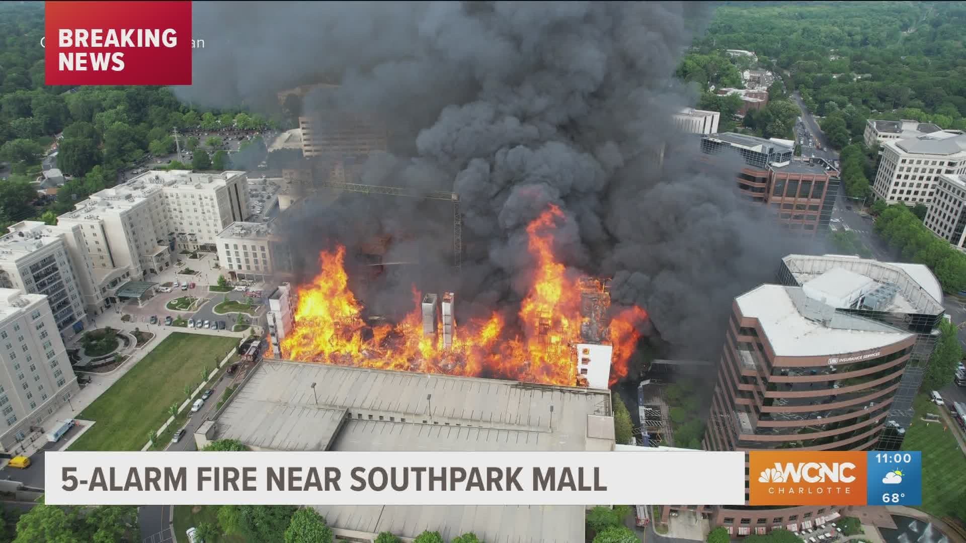 Aerial drone video over 5-alarm Charlotte fire