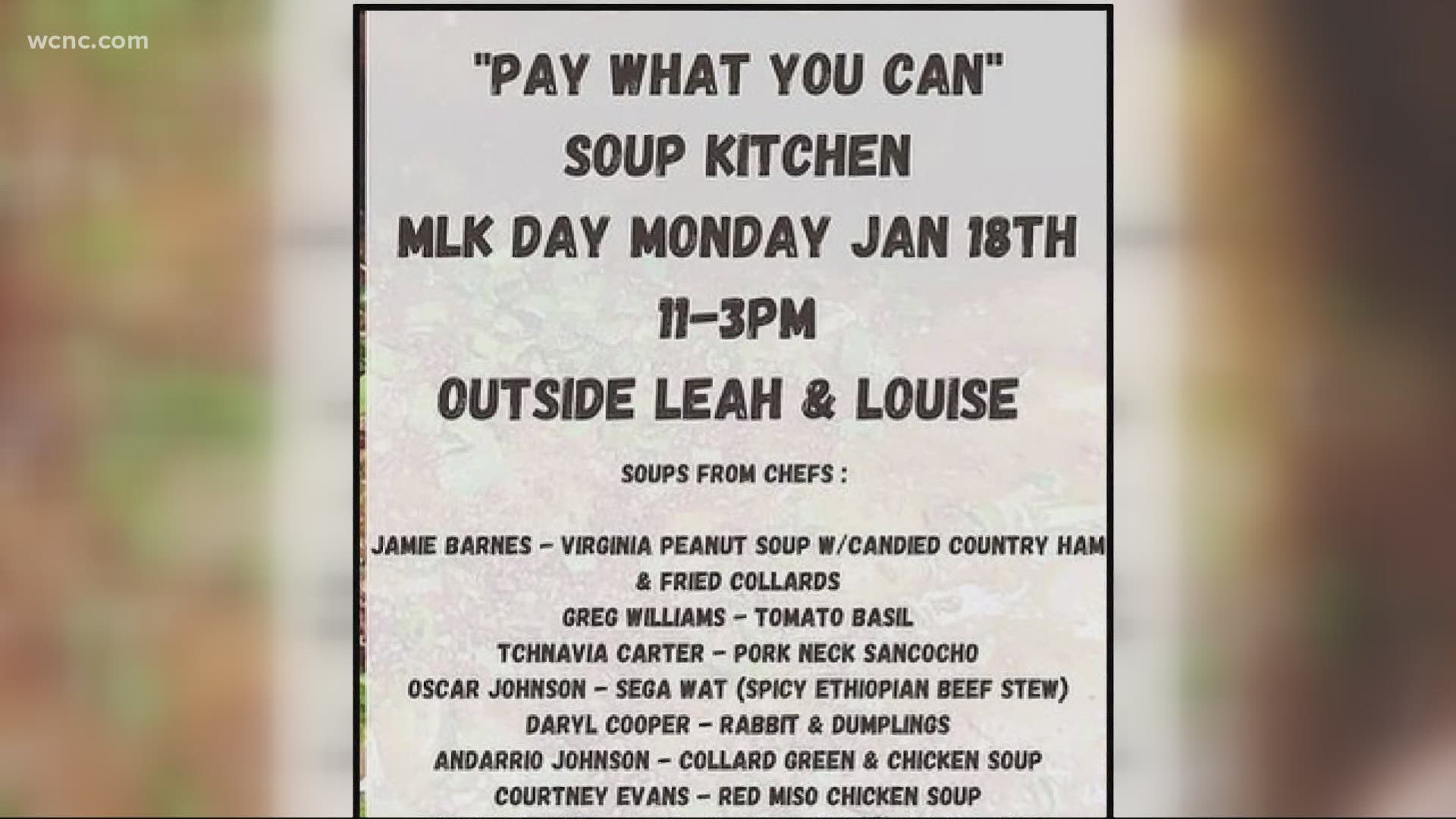 Dozens of Charlotte-area chefs are taking part in a MLK Day soup kitchen to help build trust between the community and local elected officials Monday.