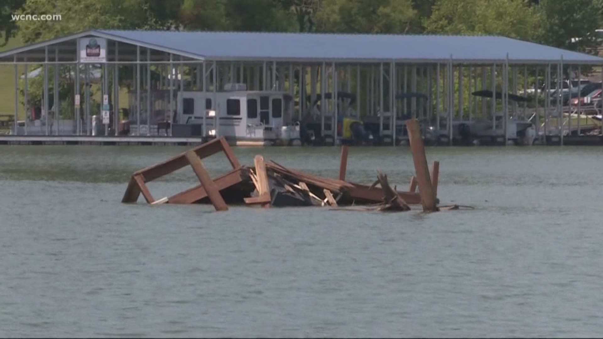 A large amount of damaged docks, branches, and debris remain floating in the Catawba River following June's heavy storms.