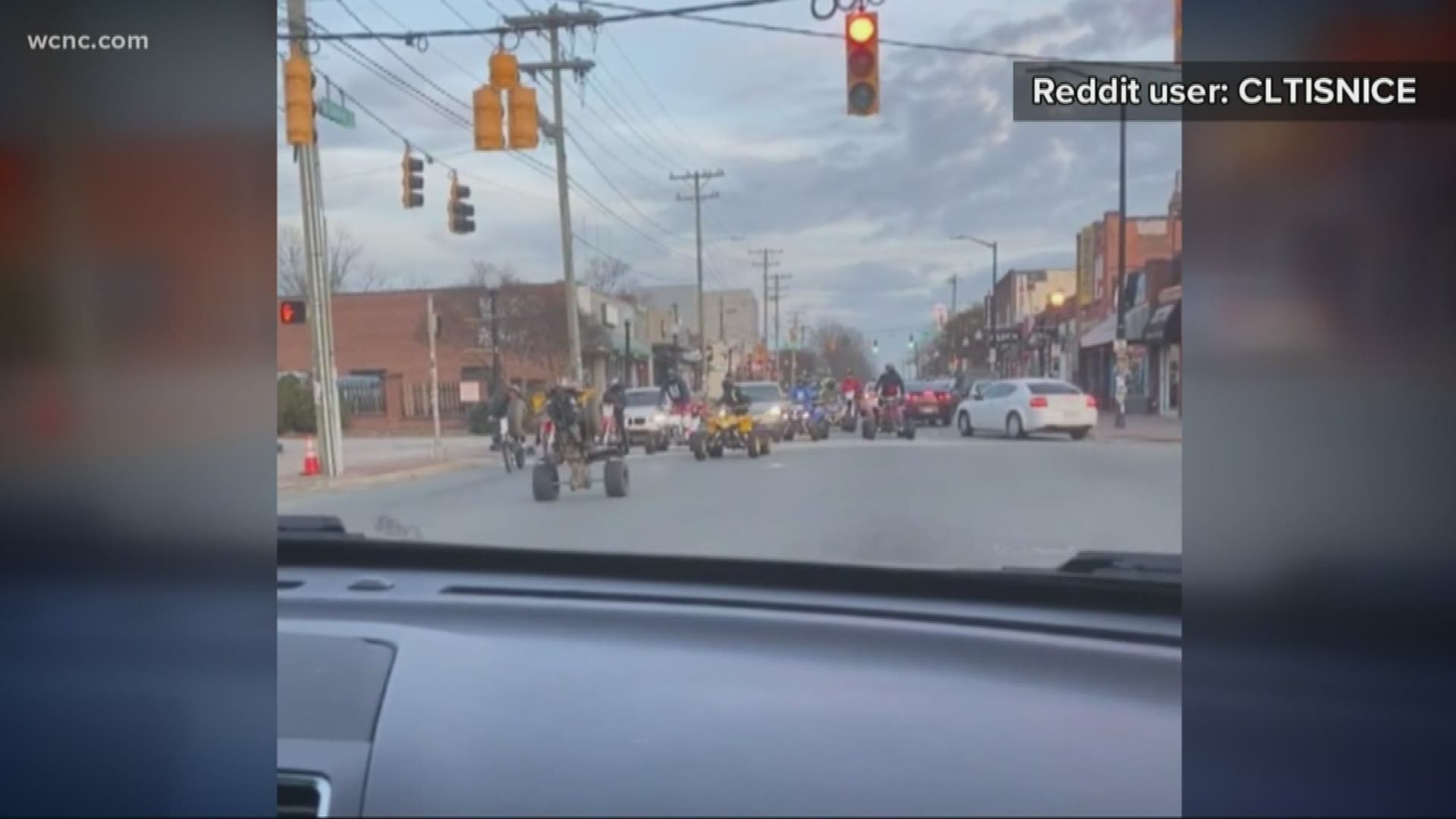 The video, posted to Reddit, shows a group of riders popping wheelies in Plaza Midwood. It's not the first time the riders have been seen in the Queen City.