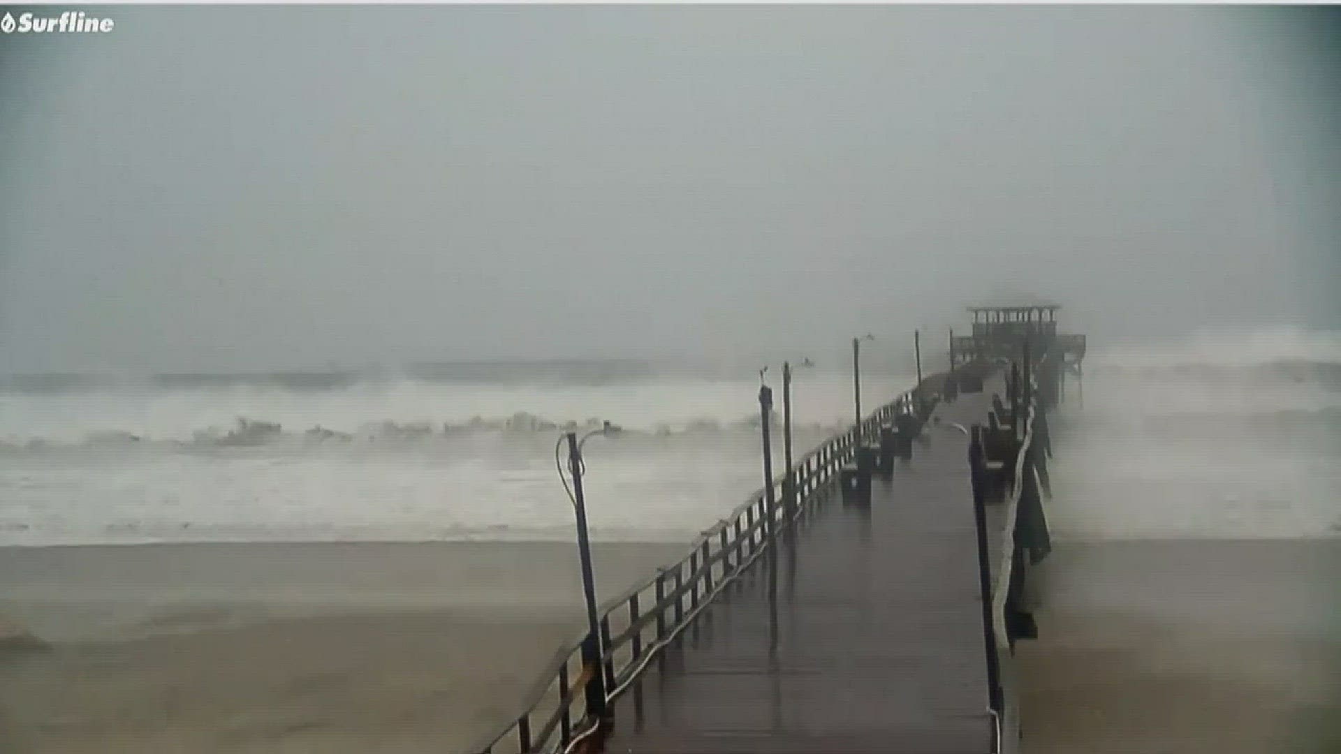 Hurricane Florence produces large waves in Atlantic Beach, NC as storm surge starts on Sept. 13, 2018.
