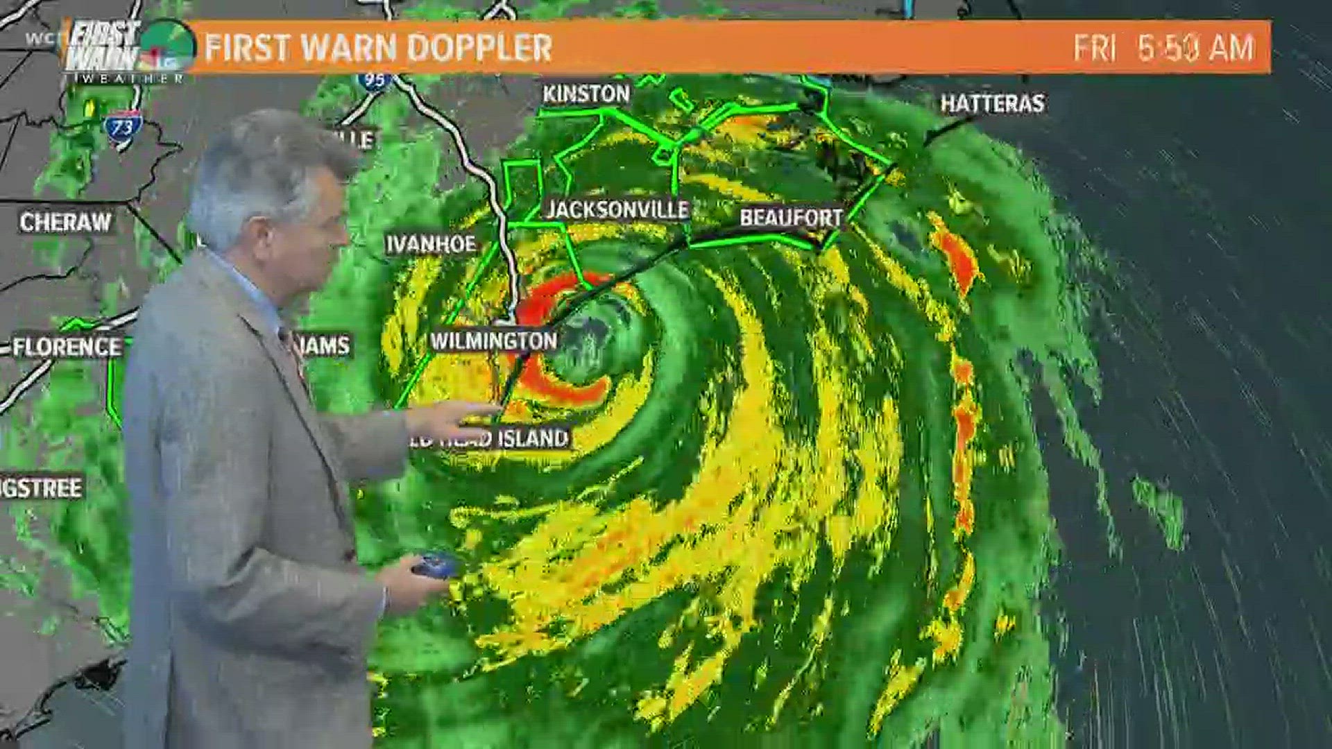 The National Hurricane Center has reported that the eyewall of Hurricane Florence is onshore in North Carolina with landfall expected any minute now on the coast.