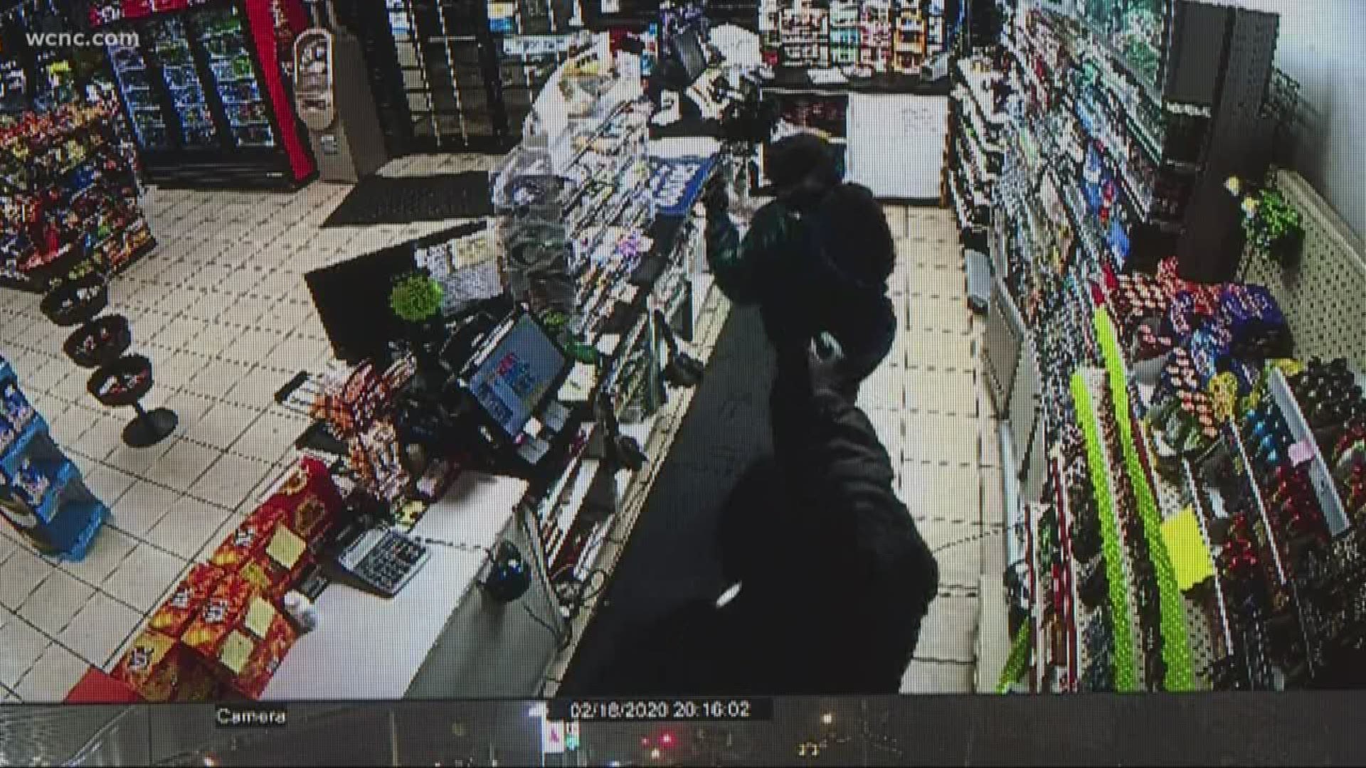 A man was caught on camera robbing a Gastonia convenience store and attacking the clerk with spraypaint.