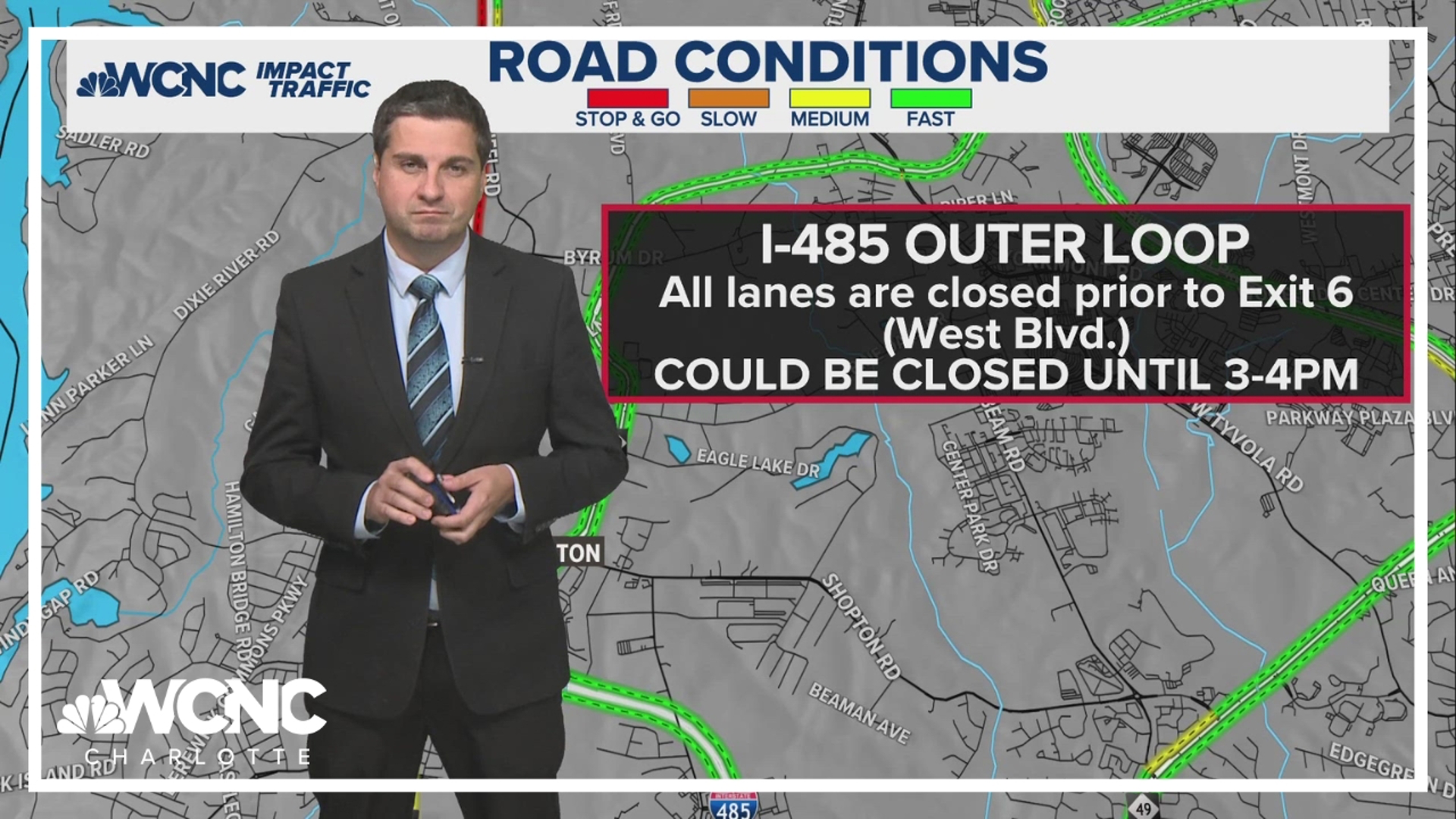 All lanes of the Interstate 485 outer loop near Charlotte Douglas International Airport is closed because of a crash.