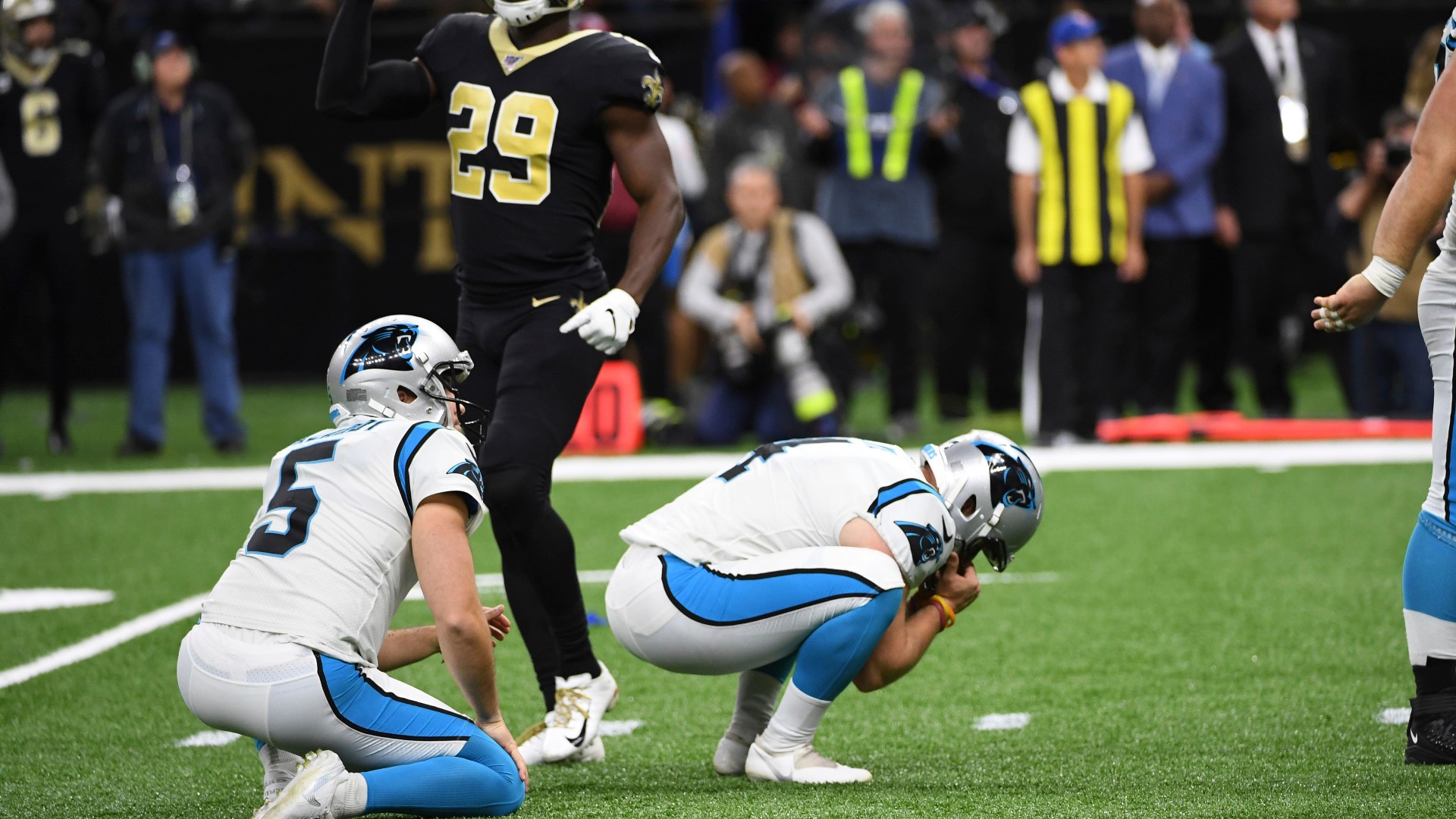 After missing a 28-yard field goal with two minutes to play vs the Saints, rookie kicker Joey Slye shouldered blame for a 34-31 Panthers loss.