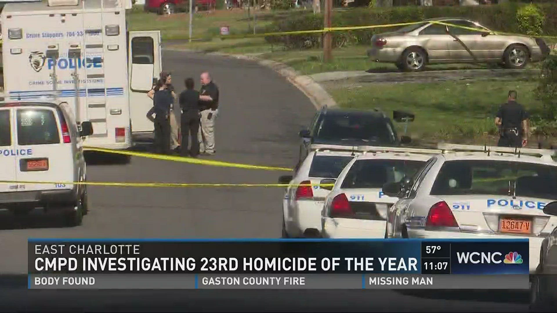 CMPD say the suspects in Charlotte's 23rd homicide of the year remain on the loose after a double shooting near North Tryon.