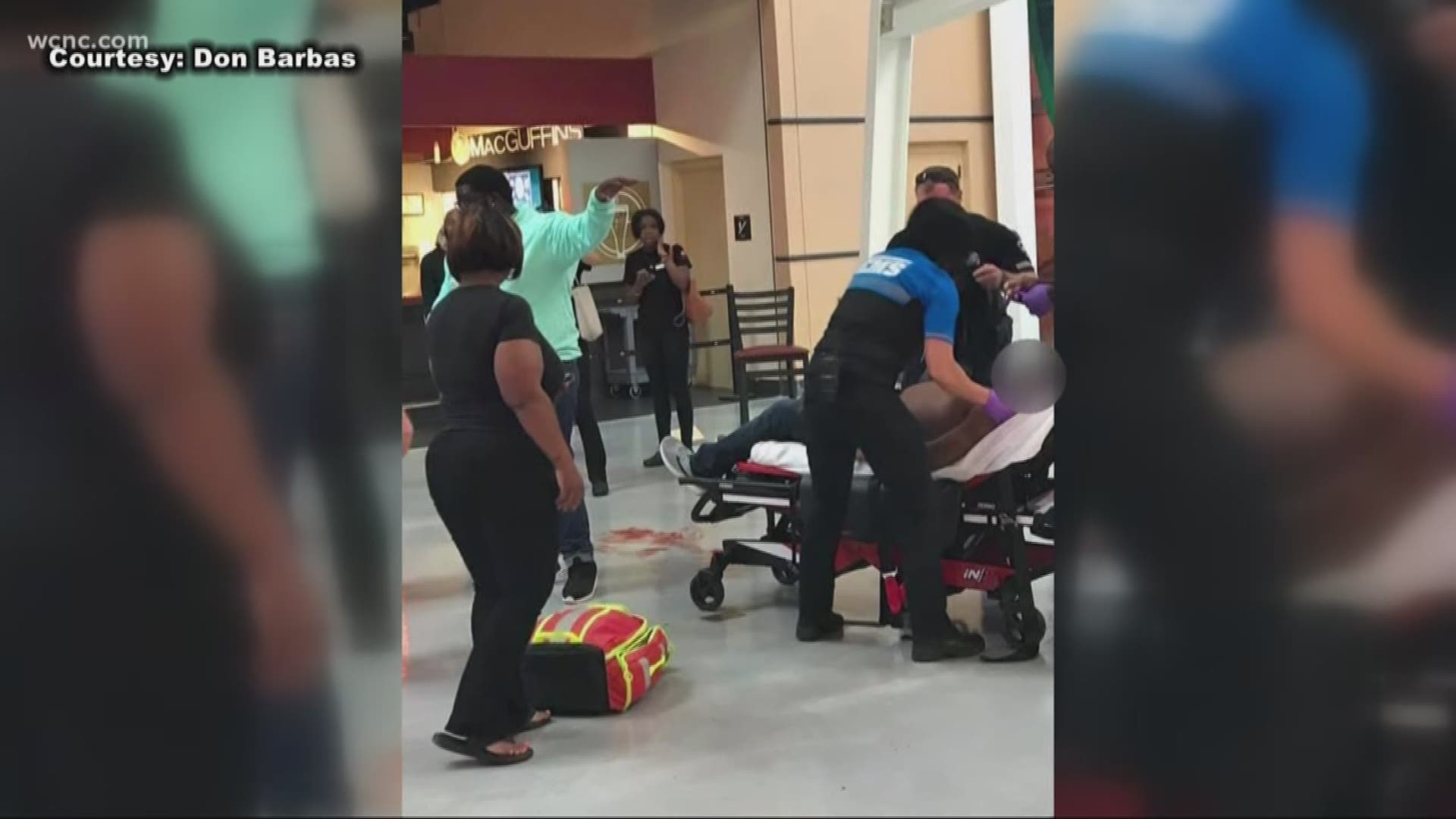 Concord Police are searching for the man who shot another man in the leg during an argument at the AMC movie theater at Concord Mills mall Sunday evening. The victim is expected to make a full recovery.