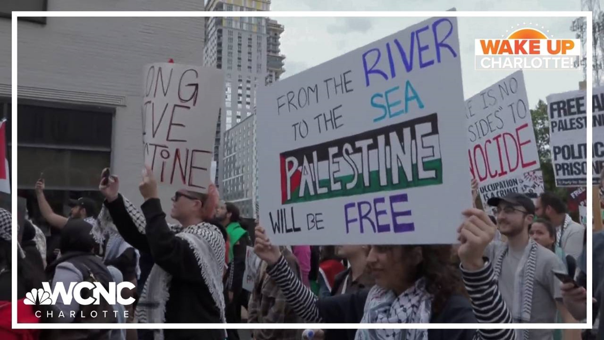 Protesters took to the streets of Uptown Charlotte in support of Palestine as the conflict with Israel escalates in Gaza.