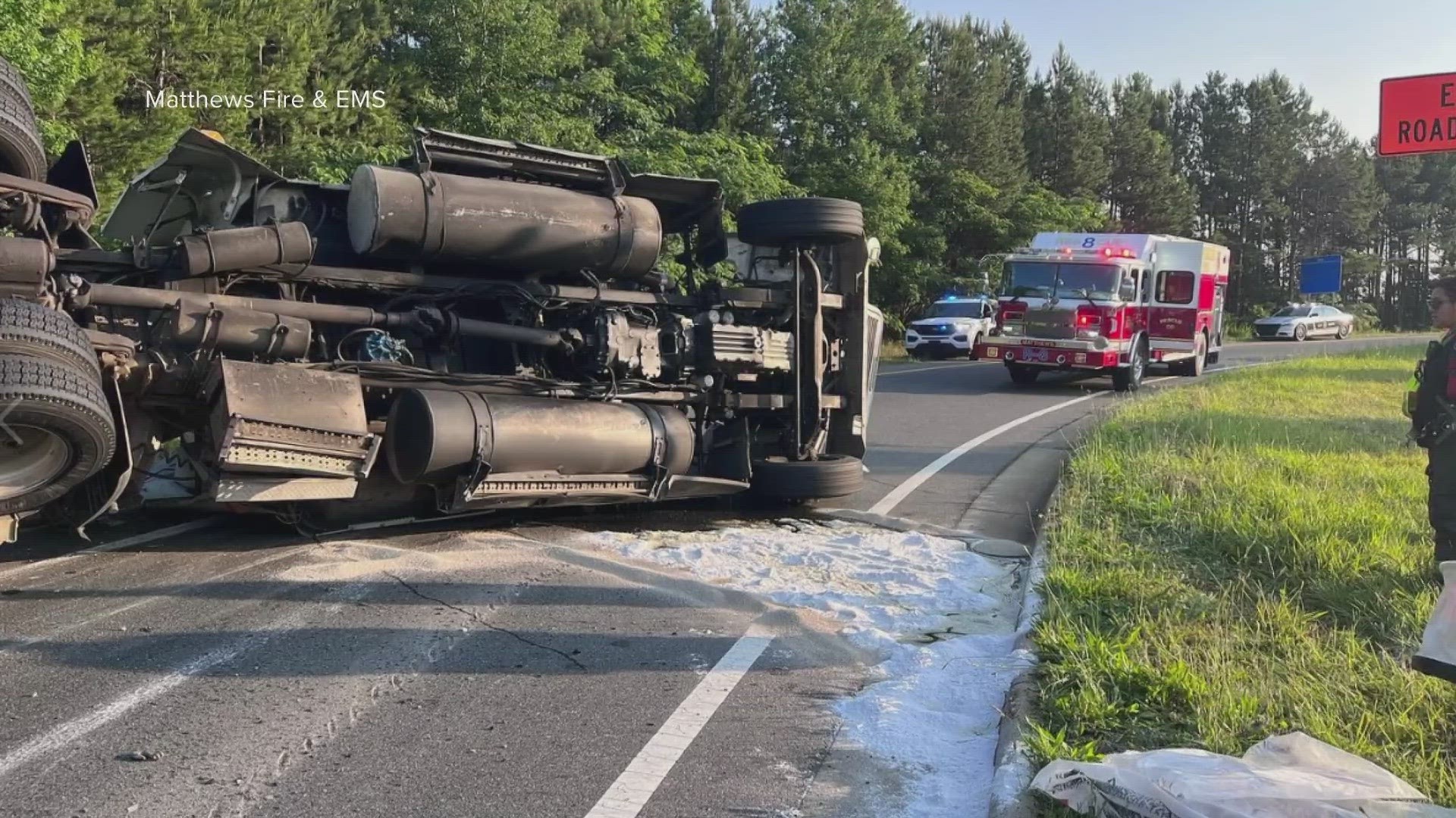 An overturned truck blocked the ramp from the I-485 inner loop to U.S. 74 in Matthews Friday.